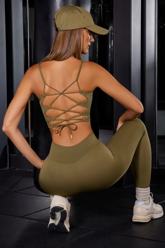 Full Focus - Open Back Plunge Neck Sports Bra in Olive sold by Bo + Tee