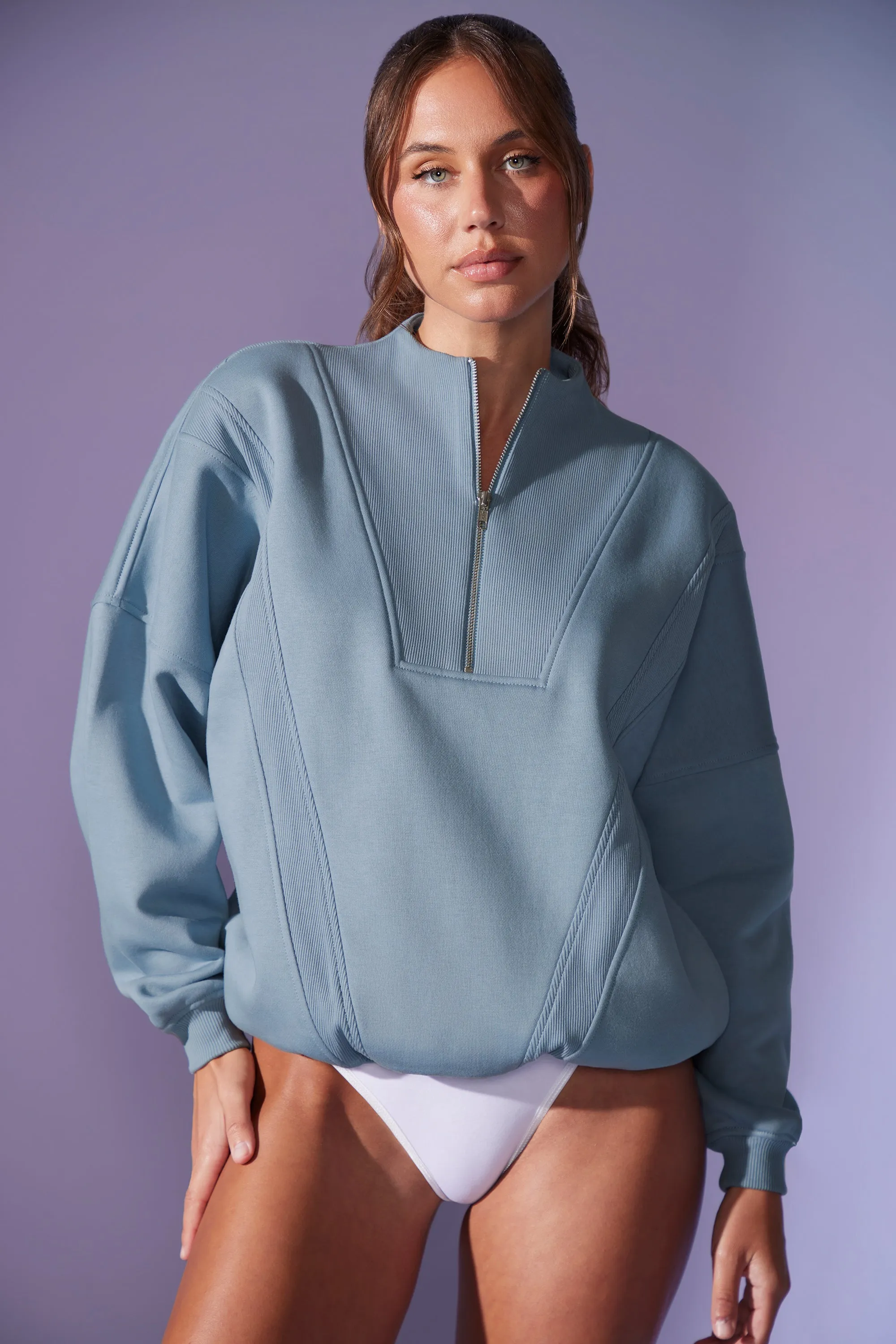 Comfort Zone - Oversized Half Zip Sweatshirt in Denim Blue sold by Bo + Tee