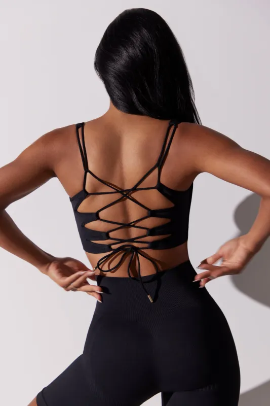 Open Back Square Neck Sports Bra in Black sold by Bo + Tee