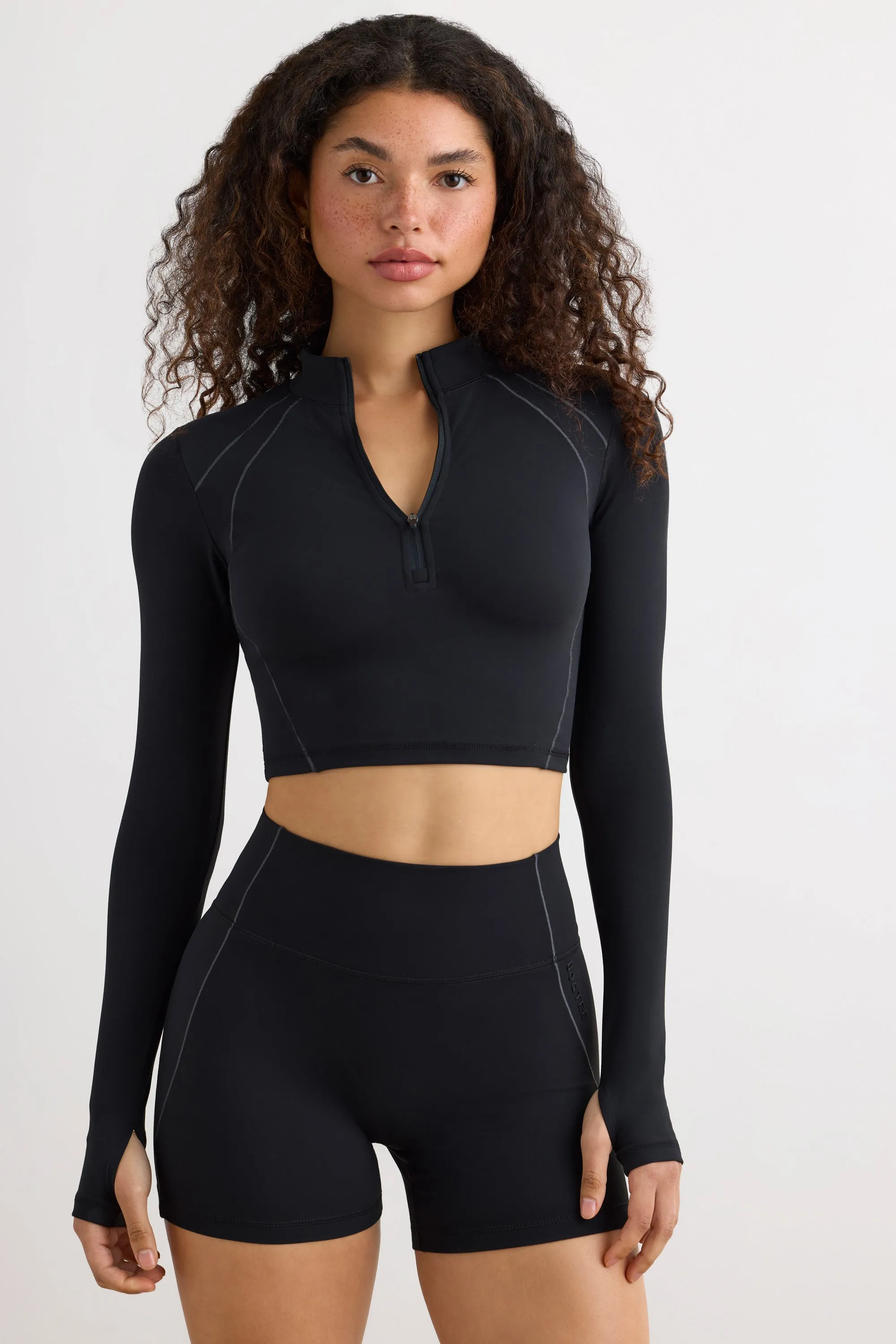 Soft Active Half Zip Crop Top in Black sold by Bo + Tee