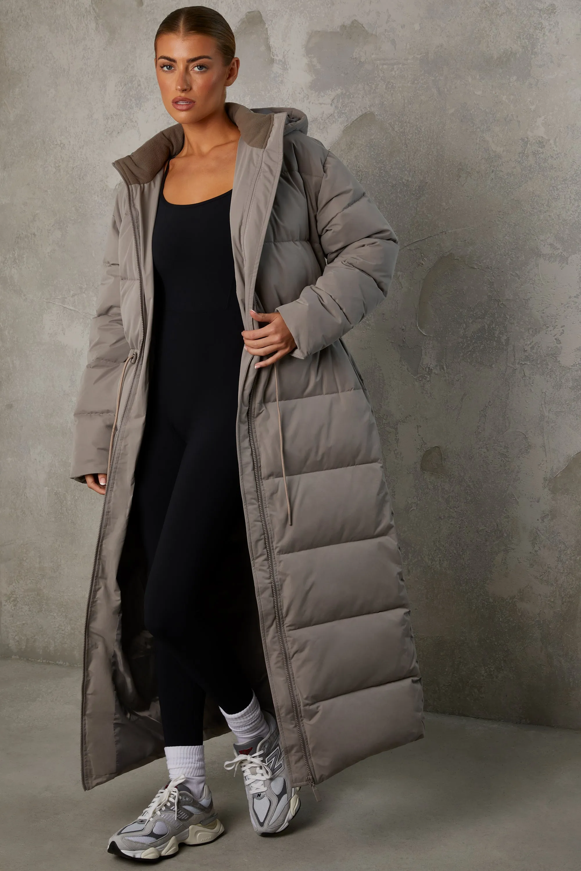 Warmth - Full Length Hooded Puffer Coat in Warm Grey sold by Bo + Tee