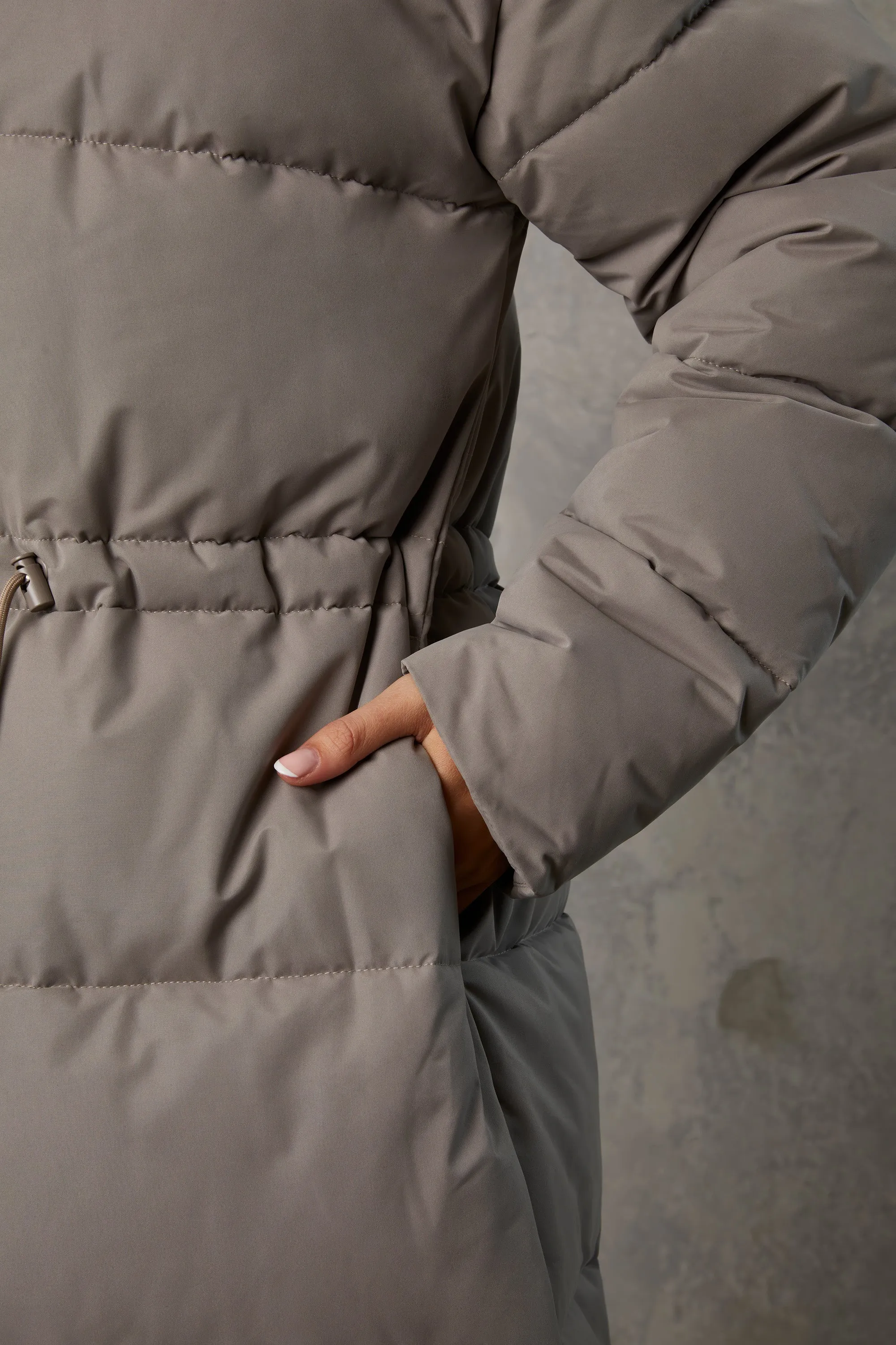Warmth - Full Length Hooded Puffer Coat in Warm Grey sold by Bo + Tee product image thumbnail 4