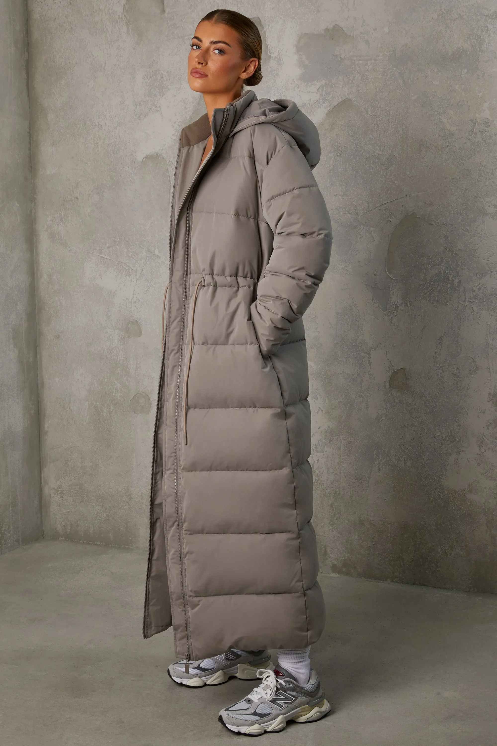 Warmth - Full Length Hooded Puffer Coat in Warm Grey sold by Bo + Tee product image thumbnail 3