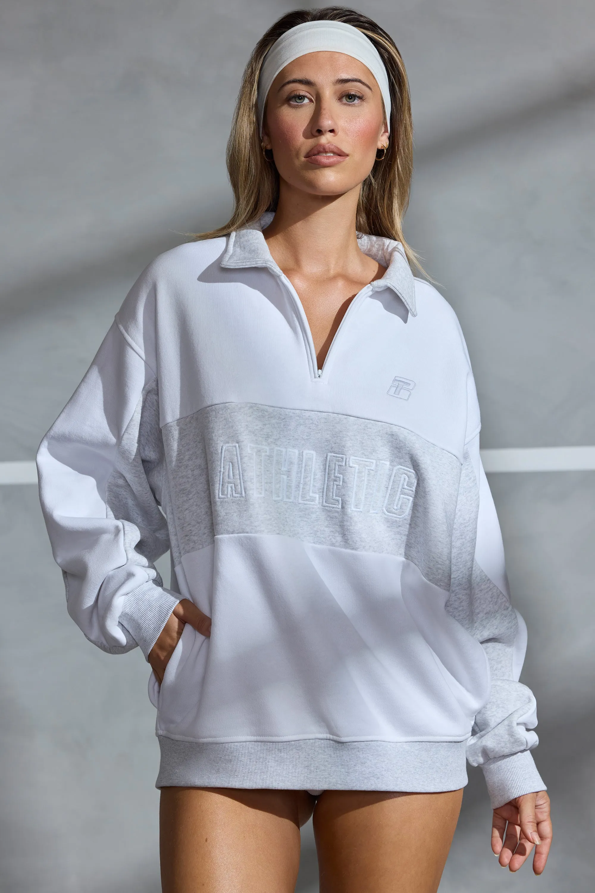 Oversized Half Zip Panel Sweatshirt in White sold by Bo + Tee