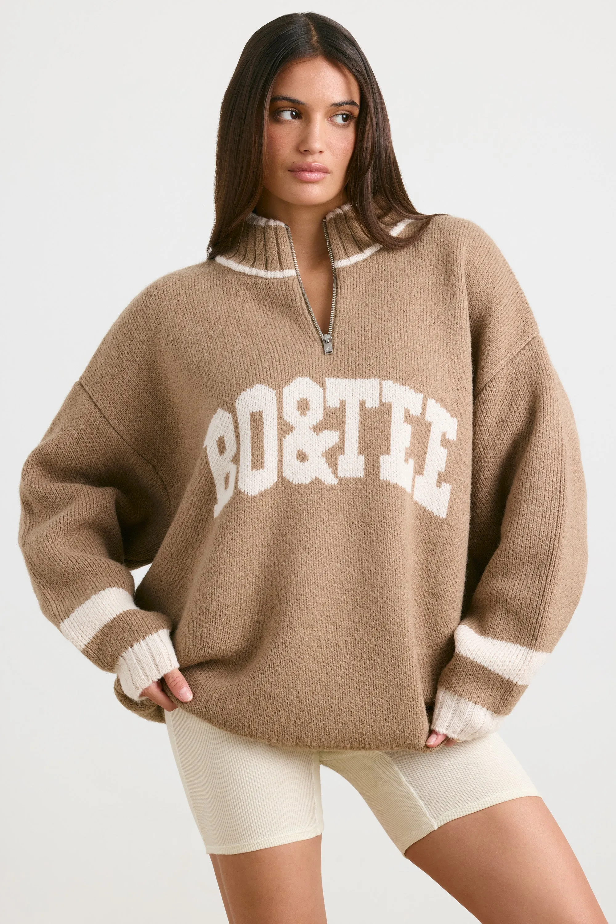 Oversized Quarter-Zip Chunky-Knit Jumper in Espresso sold by Bo + Tee