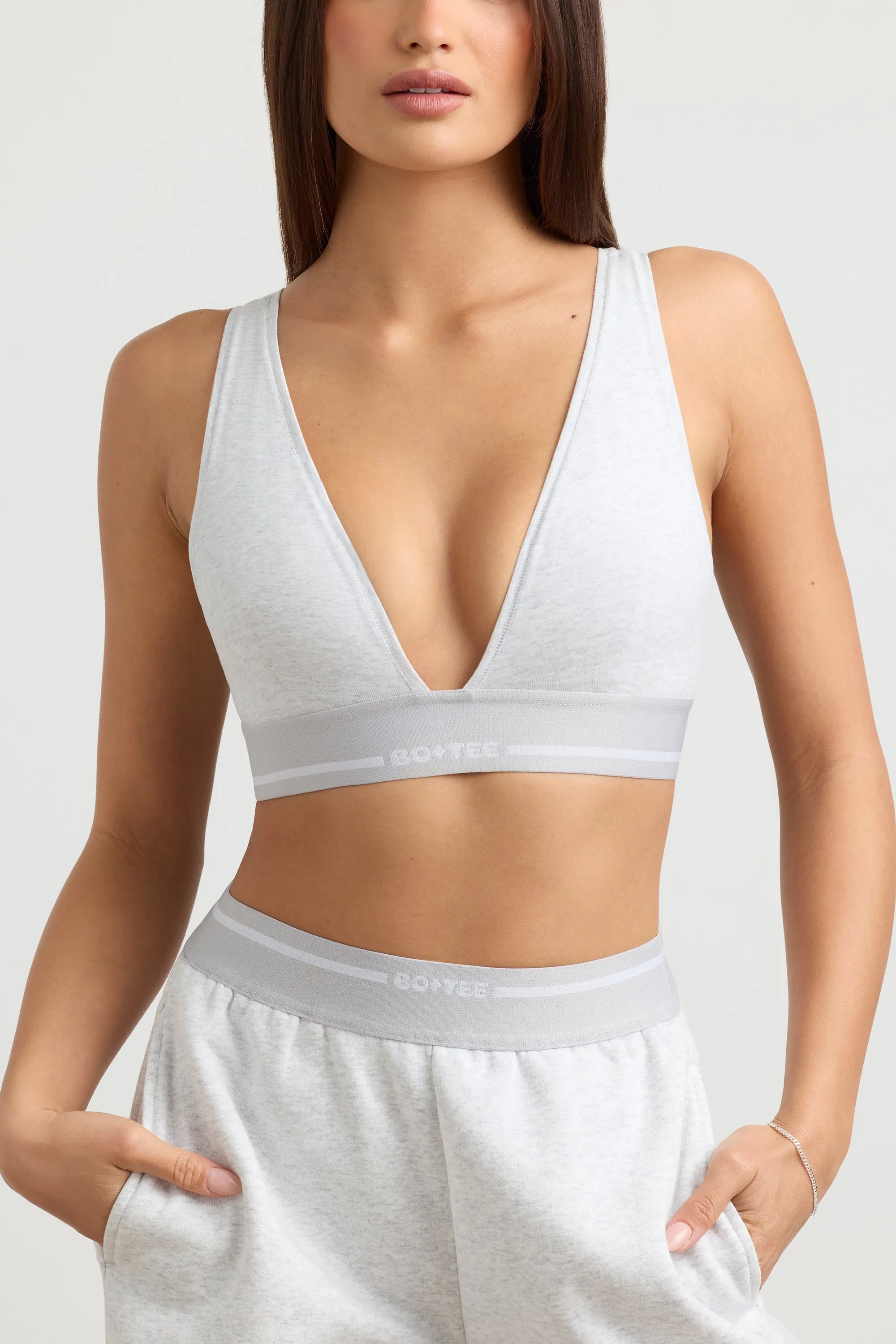 Stretch Cotton Jersey Plunge-Neck Crop Top in Grey Marl sold by Bo + Tee product image thumbnail 4