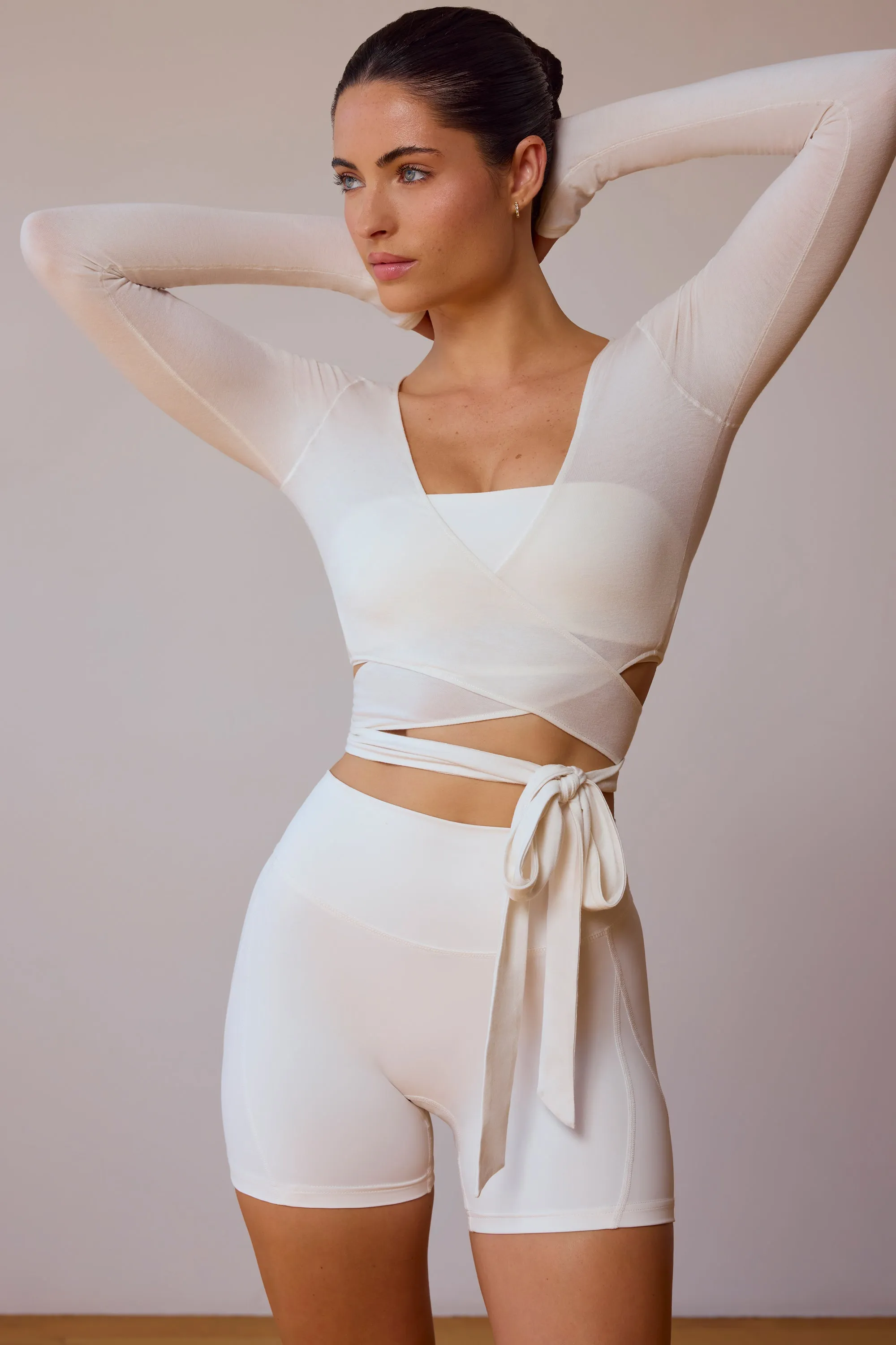 Long-Sleeve Wrap Crop Top in Soft White sold by Bo + Tee