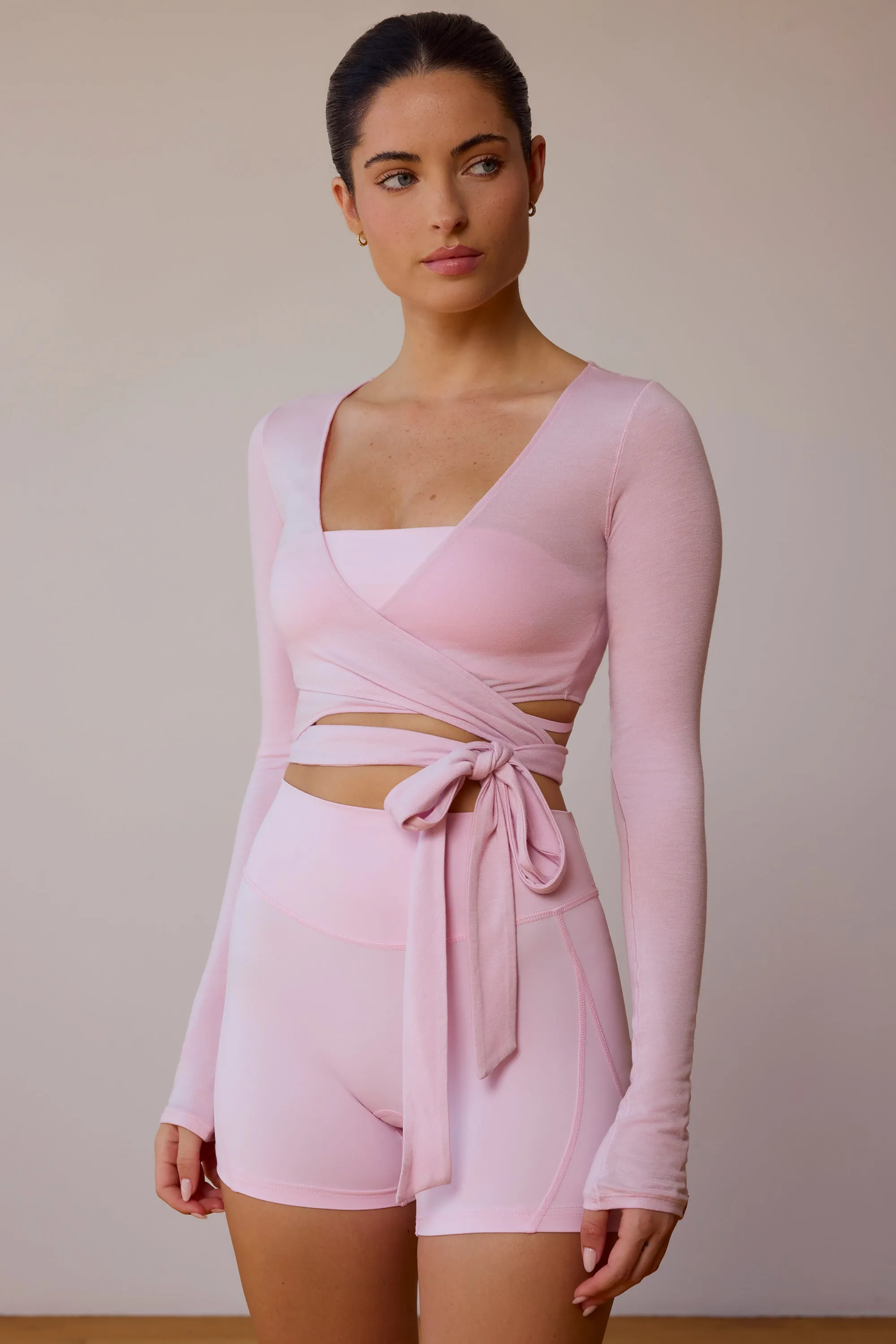 Long-Sleeve Wrap Crop Top in Soft Pink sold by Bo + Tee product image thumbnail 5