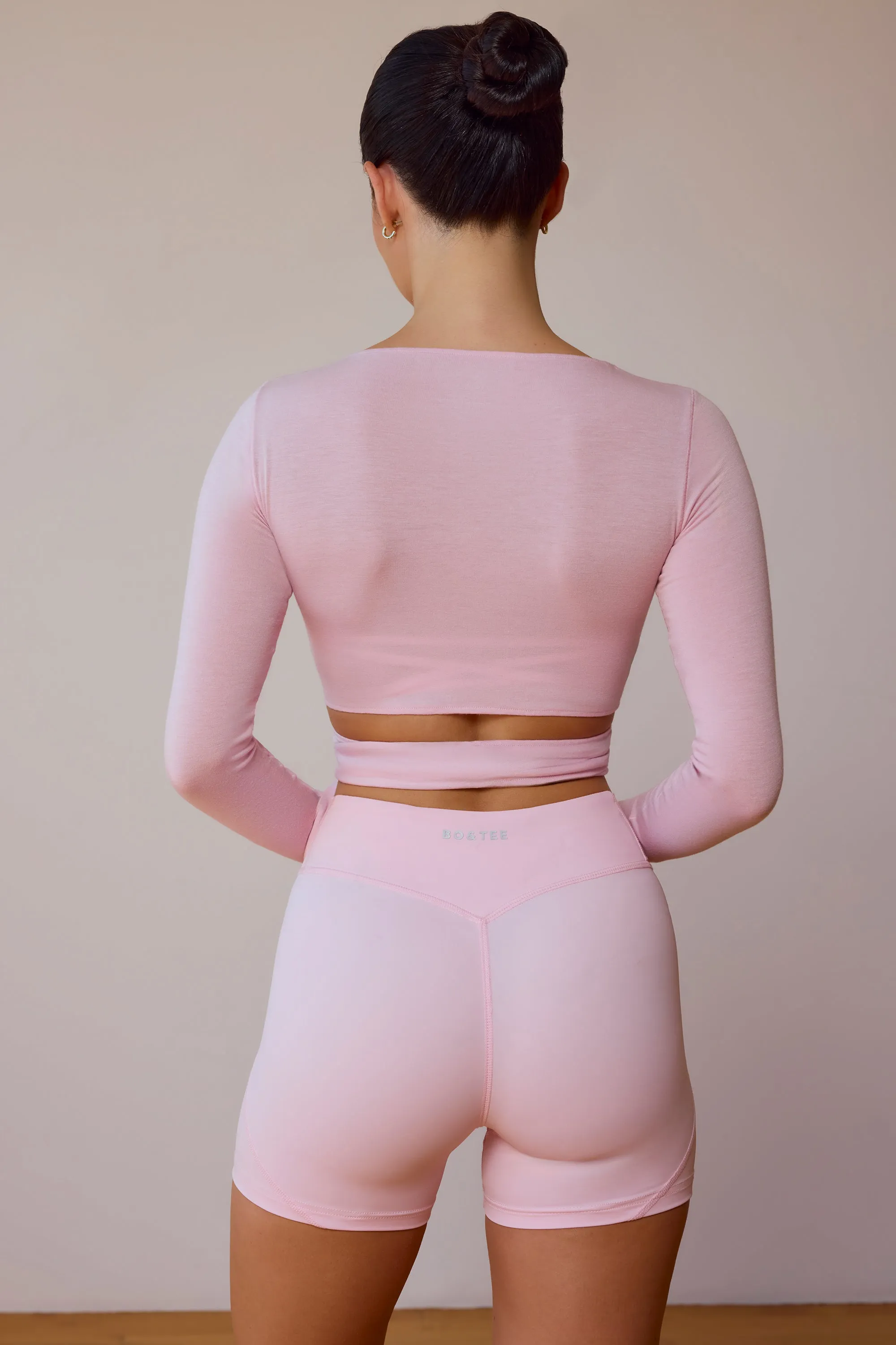 Long-Sleeve Wrap Crop Top in Soft Pink sold by Bo + Tee product image thumbnail 3