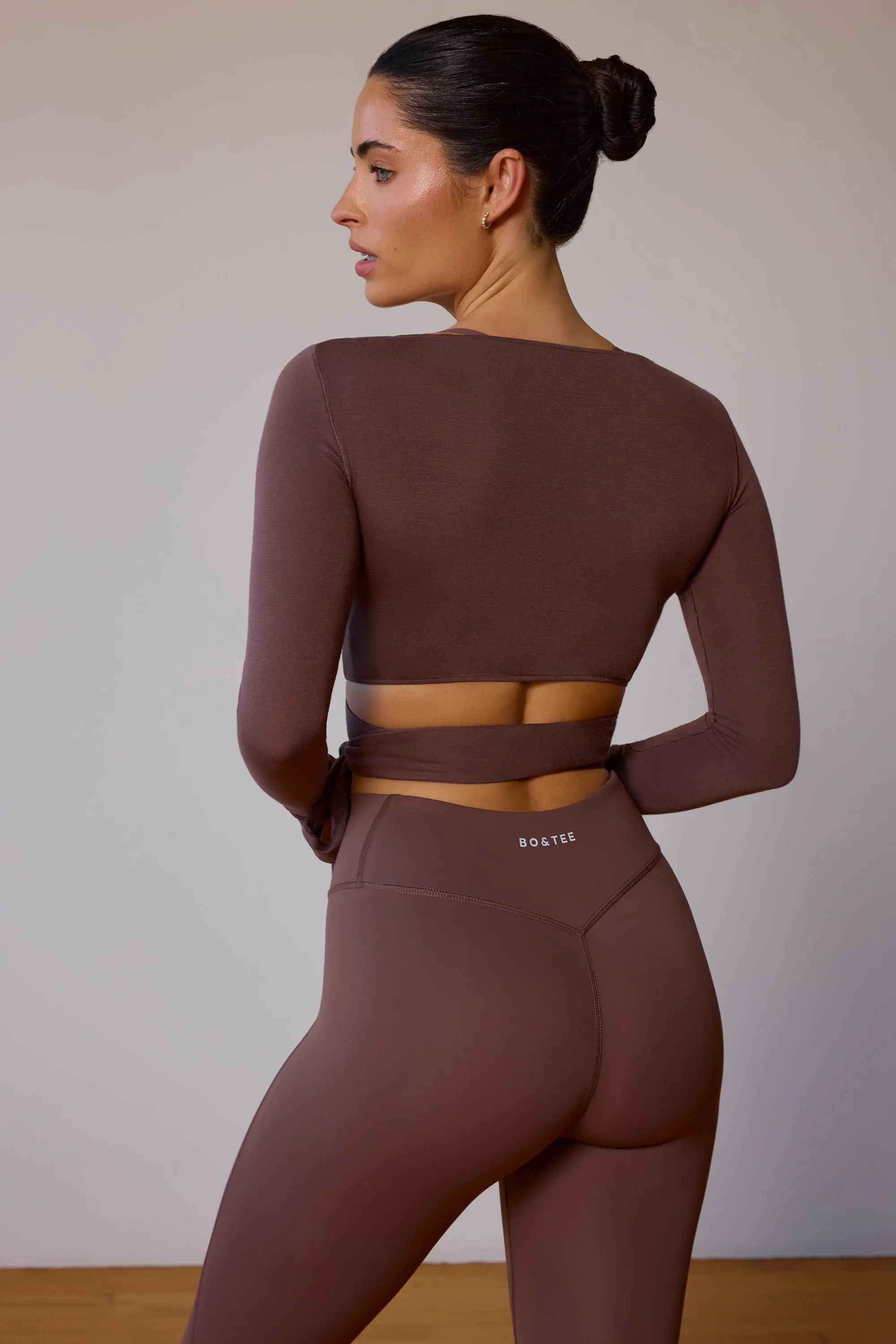 Long-Sleeve Wrap Crop Top in Taupe Brown sold by Bo + Tee product image thumbnail 3