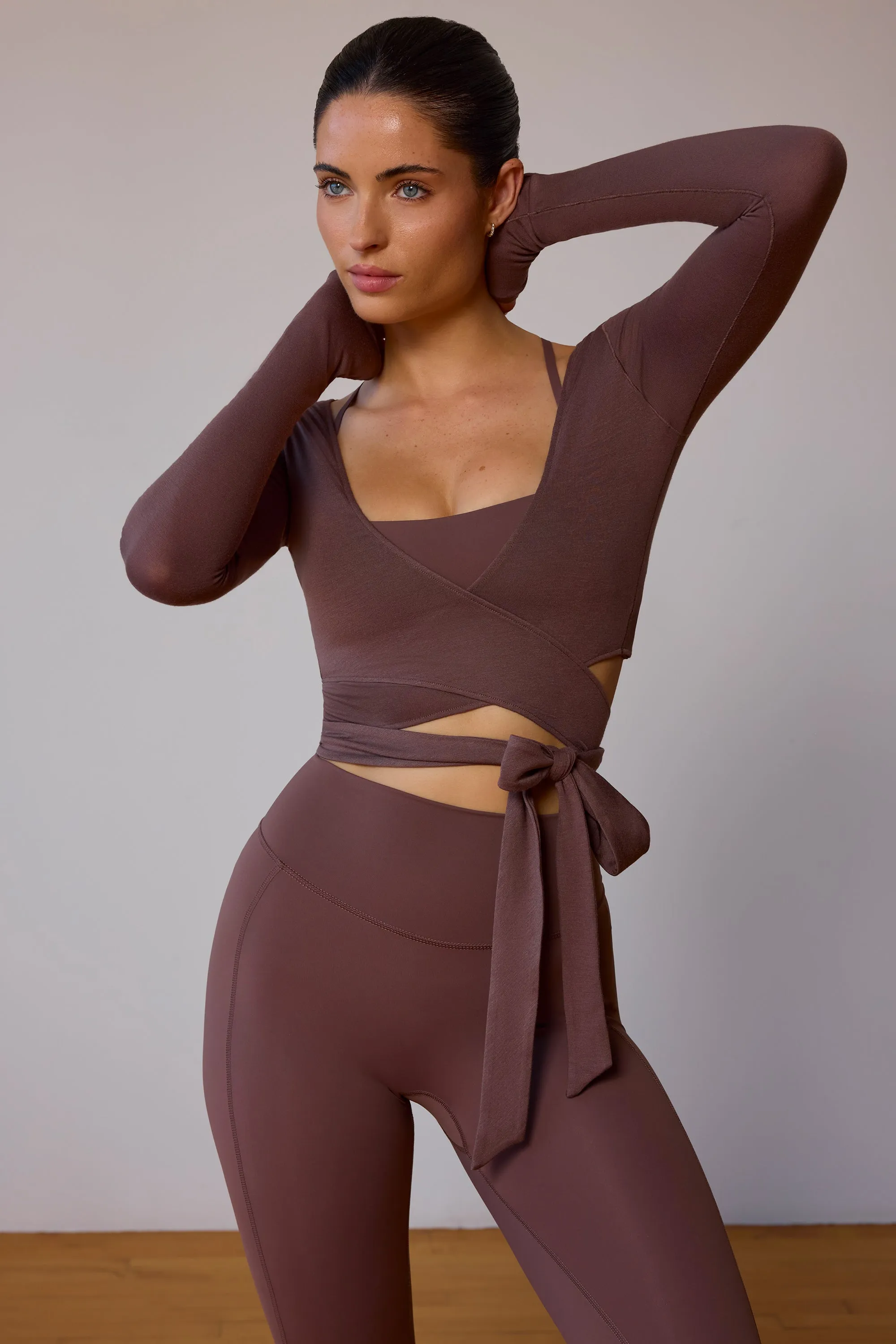 Long-Sleeve Wrap Crop Top in Taupe Brown sold by Bo + Tee