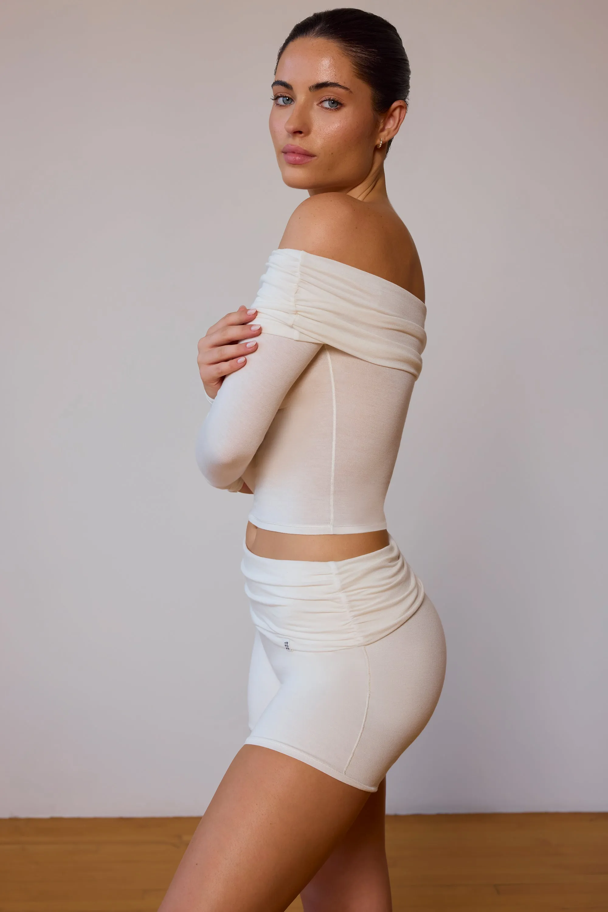 Sheer Off-Shoulder Long-Sleeve Top in Soft White sold by Bo + Tee product image thumbnail 2