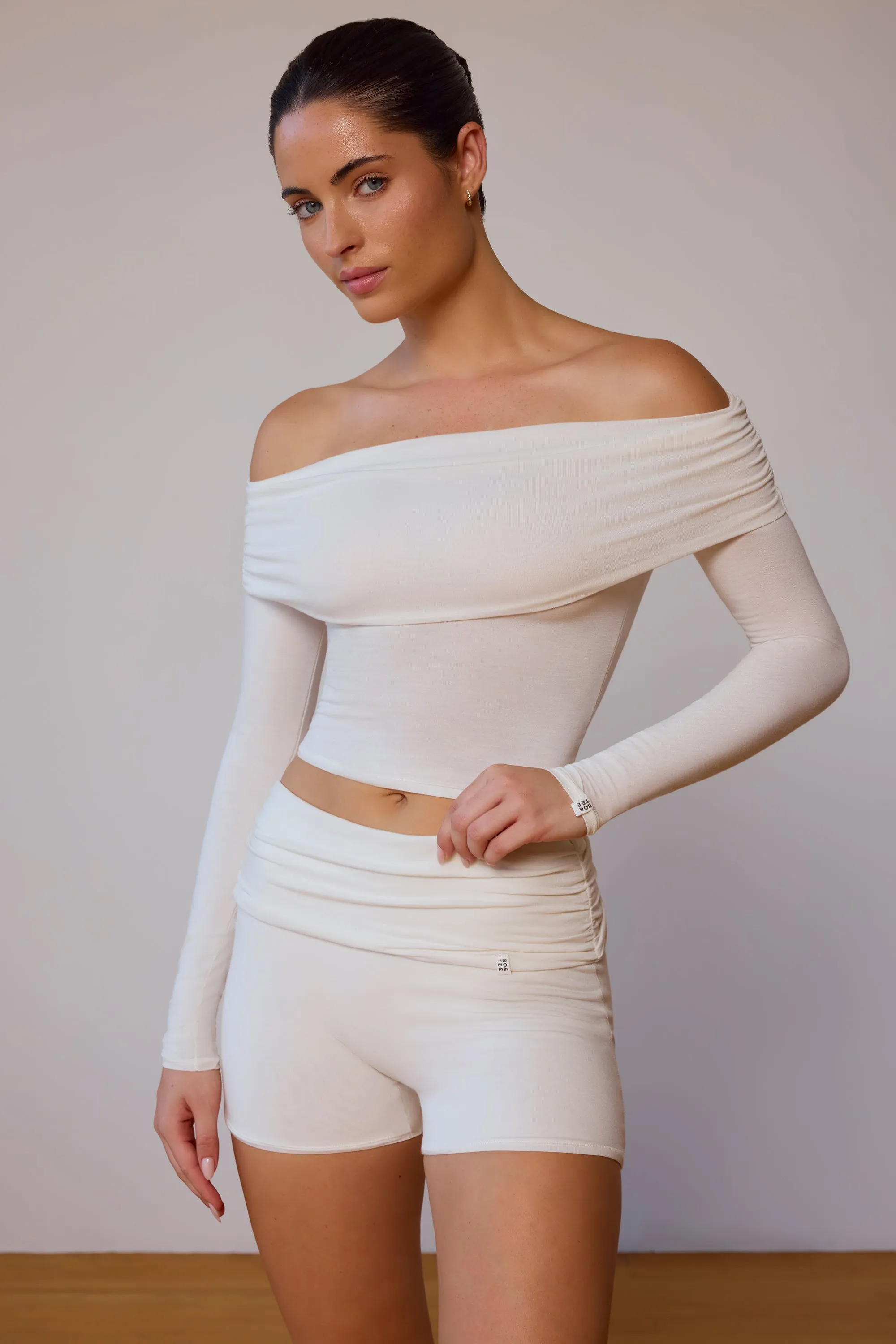 Sheer Off-Shoulder Long-Sleeve Top in Soft White sold by Bo + Tee product image thumbnail 5