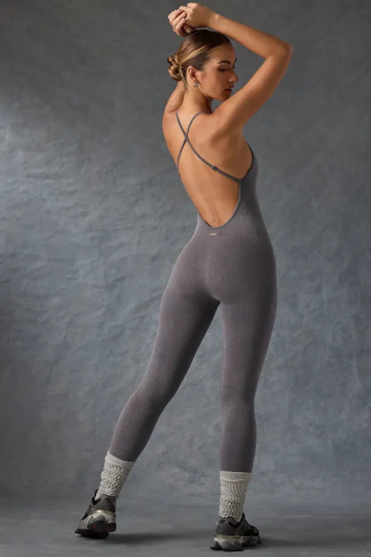 Cross-Back Jumpsuit in Washed Charcoal made by Bo + Tee