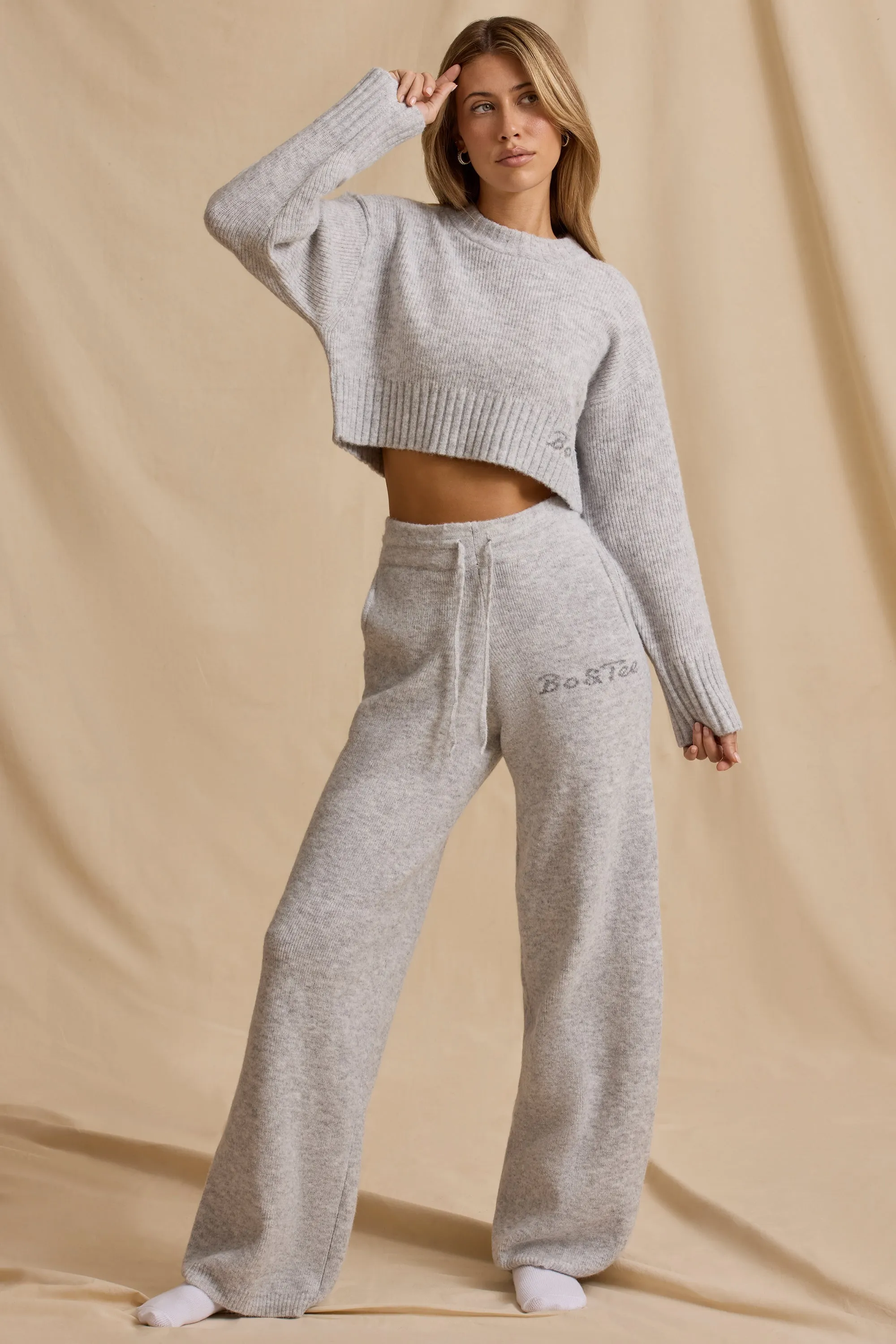 Petite Mid-Rise Wide-Leg Joggers in Ice Marl sold by Bo + Tee