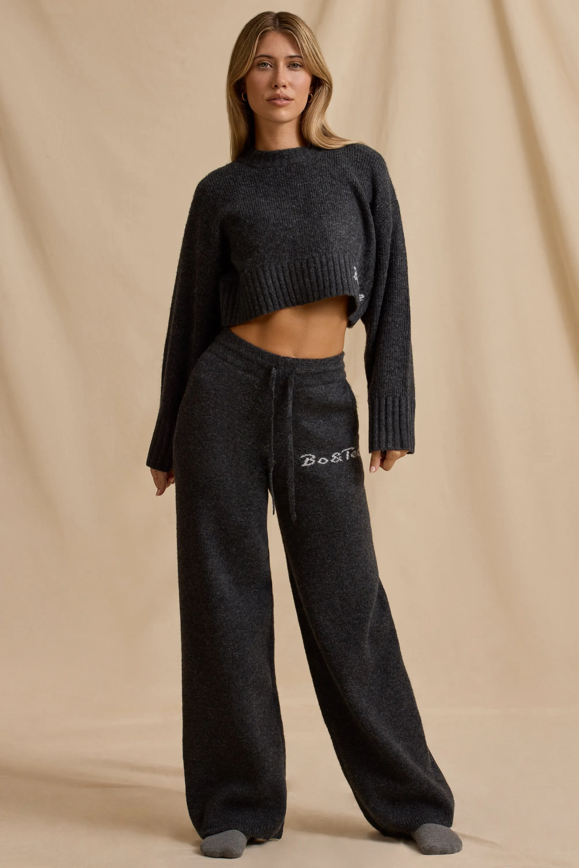 Petite Mid-Rise Wide-Leg Joggers in Charcoal Marl sold by Bo + Tee
