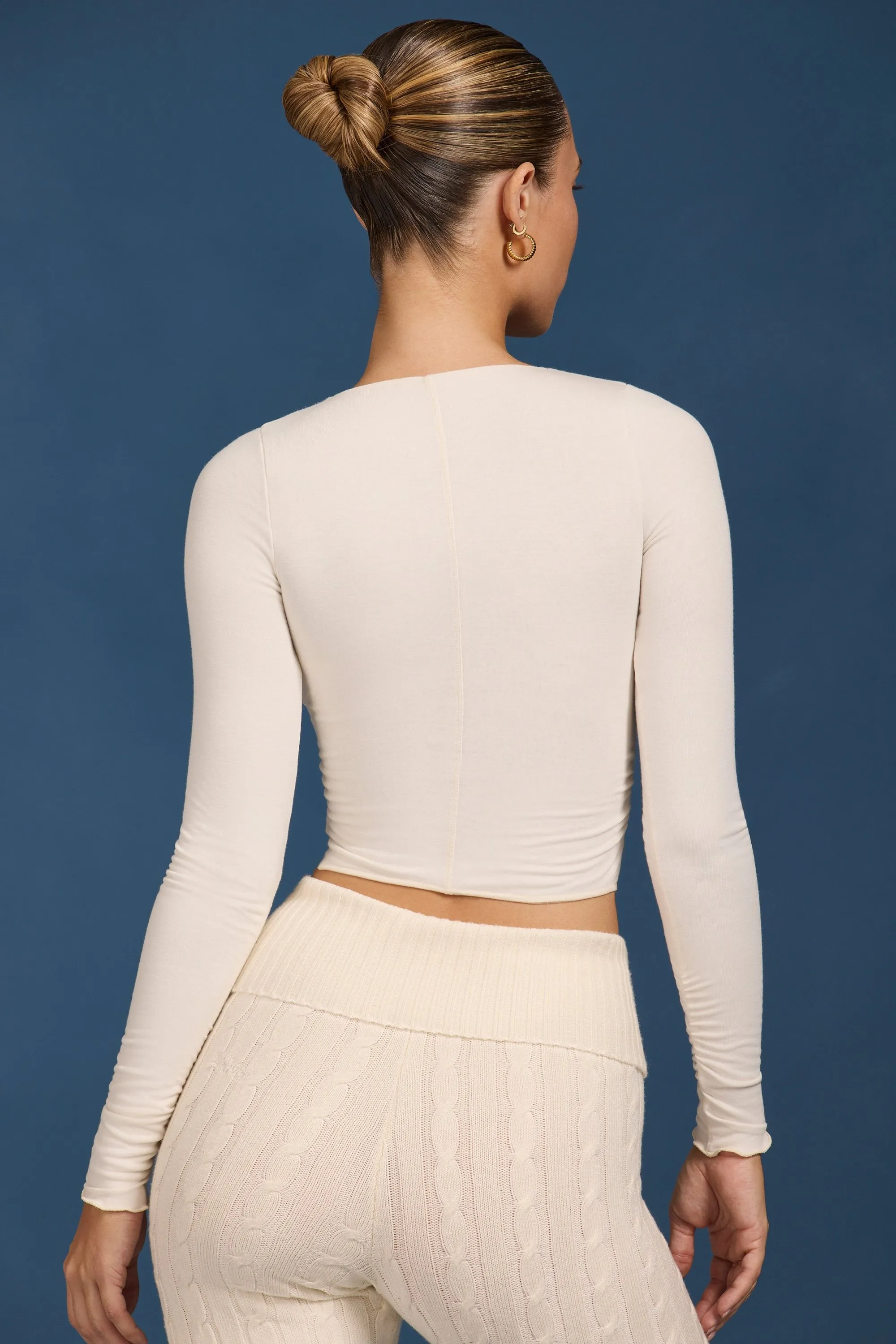 Ruched Long-Sleeve Crop Top in Cream sold by Bo + Tee product image thumbnail 2