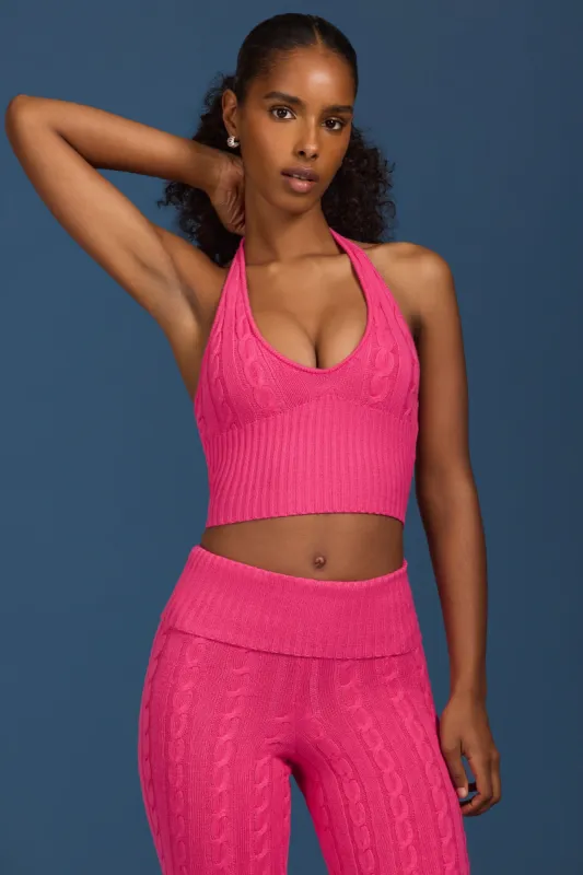 Cable-Knit Halterneck Crop Top in Hot Pink sold by Bo + Tee