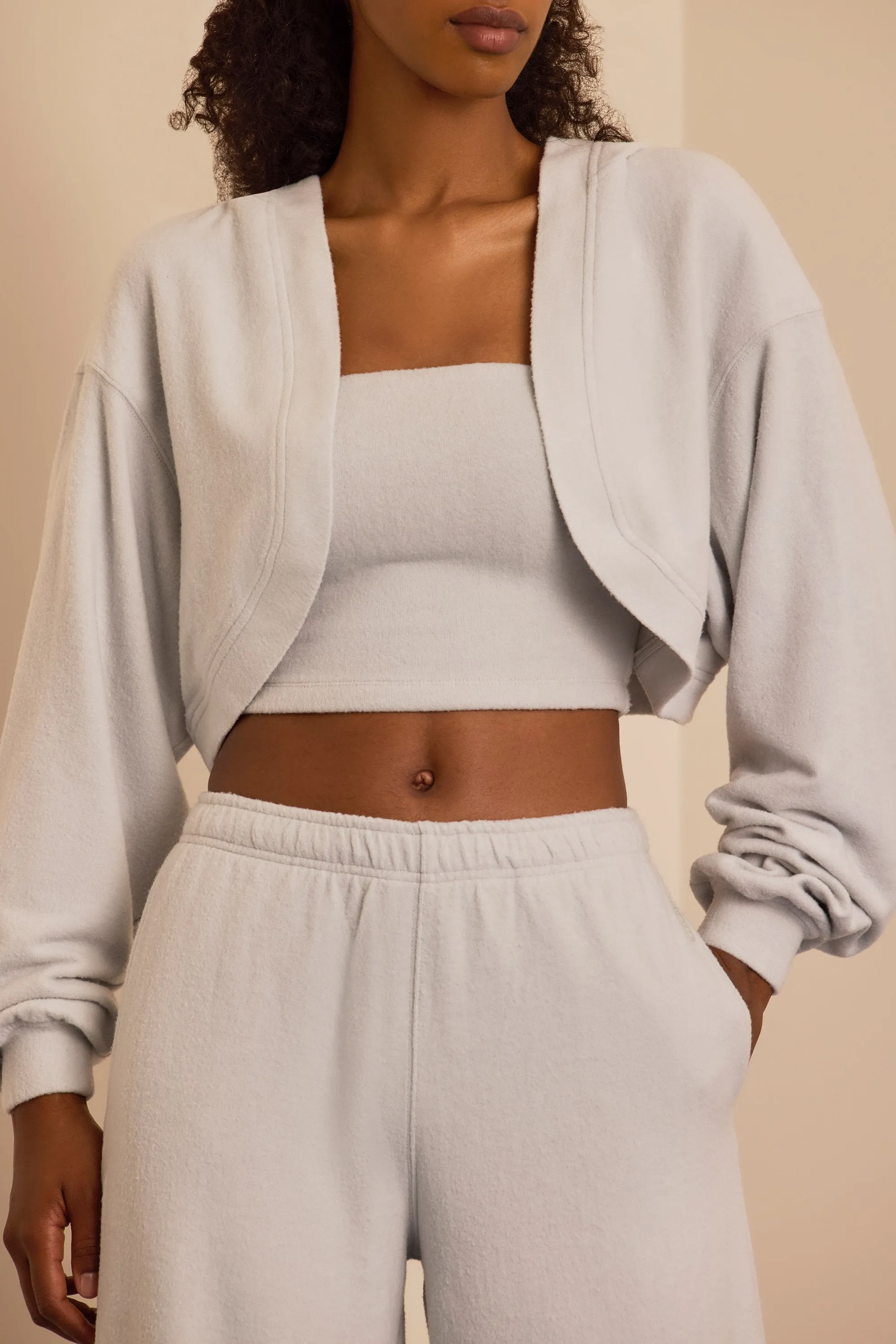 Brushed Jersey Hooded Cropped Shrug in Fog Grey sold by Bo + Tee product image thumbnail 4