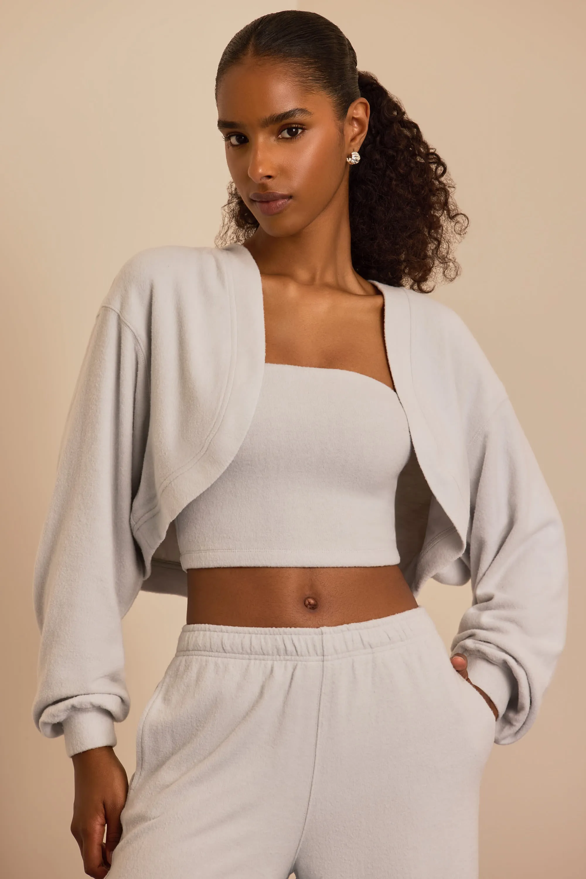 Brushed Jersey Hooded Cropped Shrug in Fog Grey sold by Bo + Tee