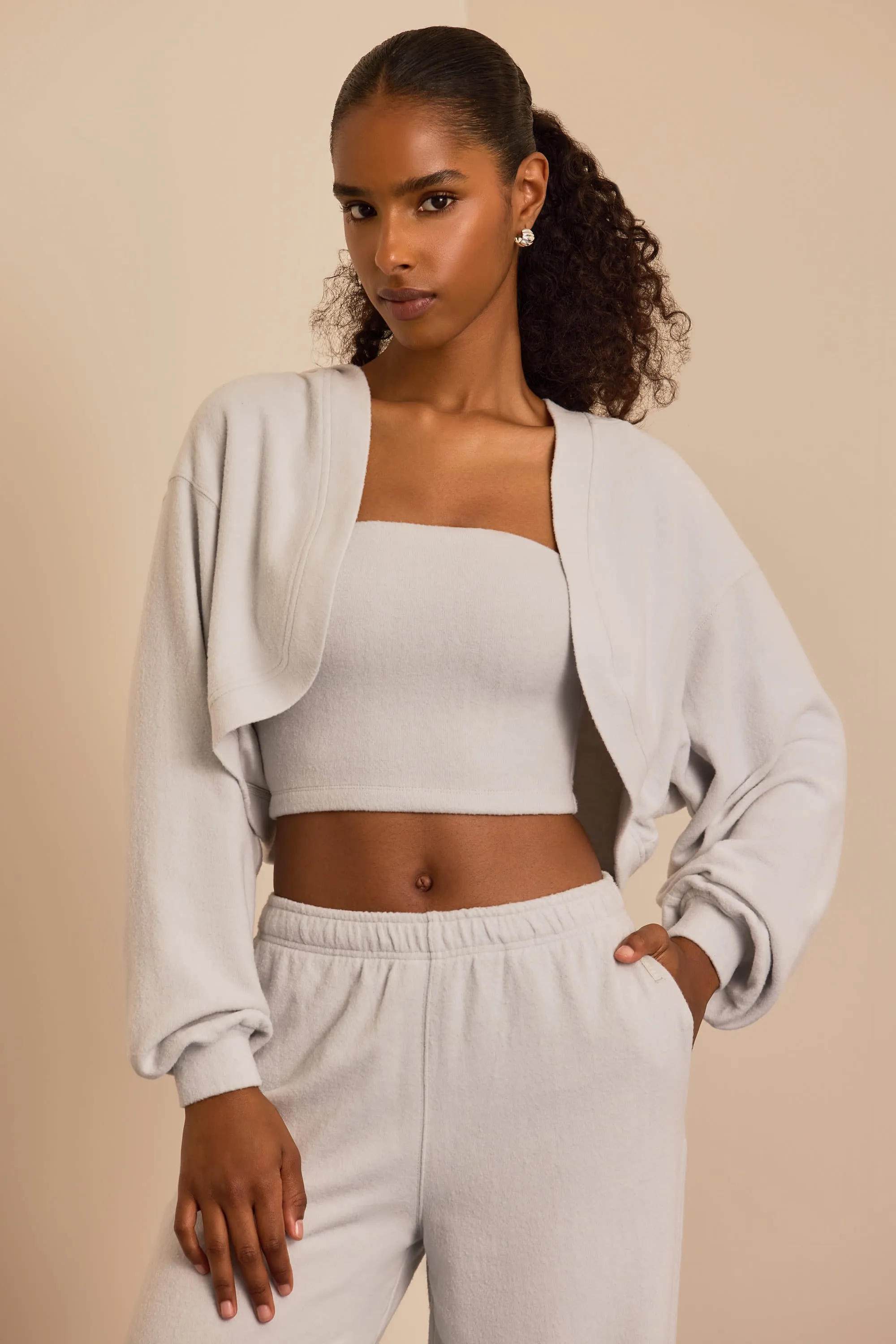 Brushed Jersey Hooded Cropped Shrug in Fog Grey sold by Bo + Tee product image thumbnail 5