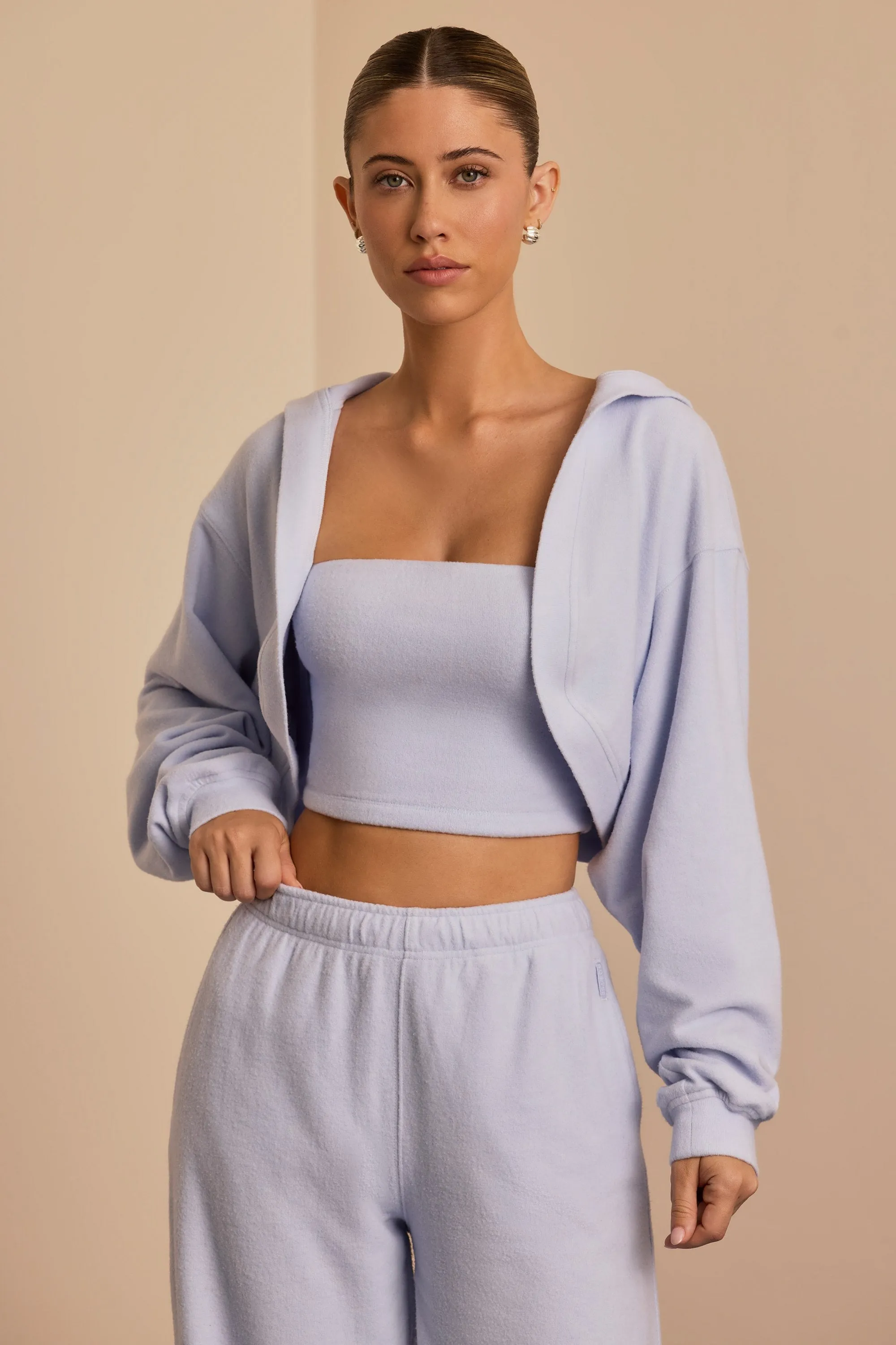 Brushed Jersey Hooded Cropped Shrug in Soft Blue sold by Bo + Tee