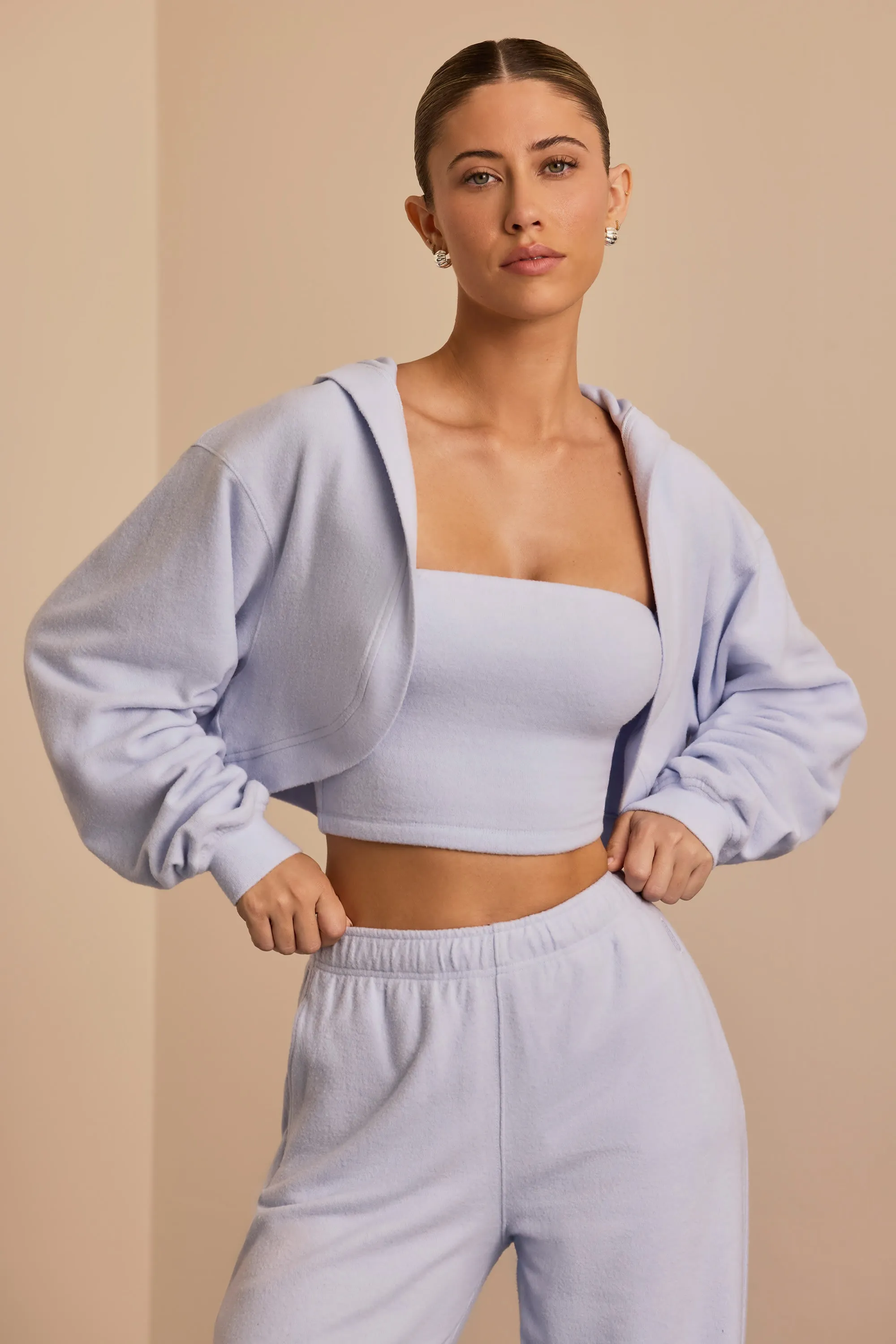 Brushed Jersey Hooded Cropped Shrug in Soft Blue sold by Bo + Tee product image thumbnail 5