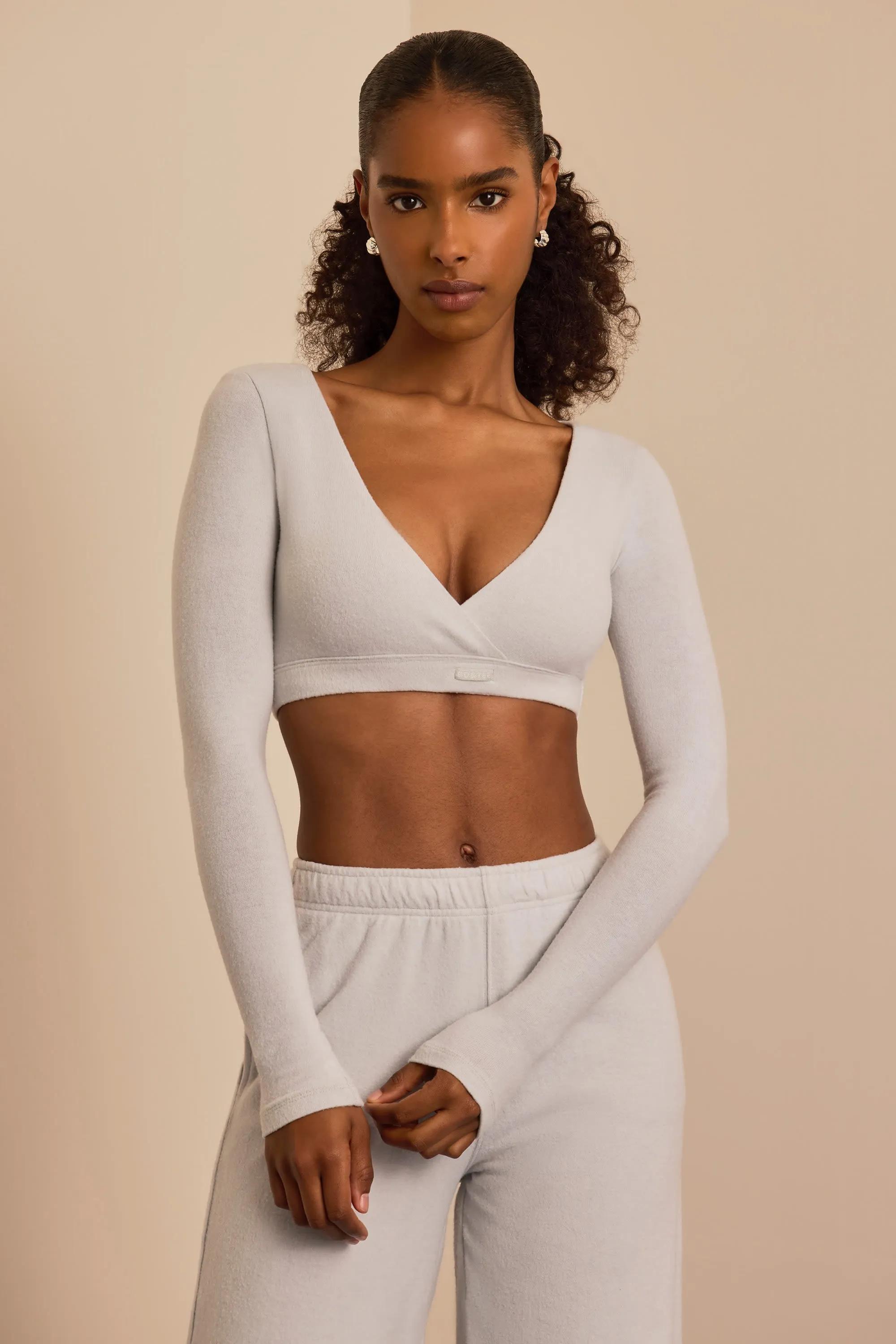 Brushed Jersey Wrap Crop Top in Fog Grey sold by Bo + Tee