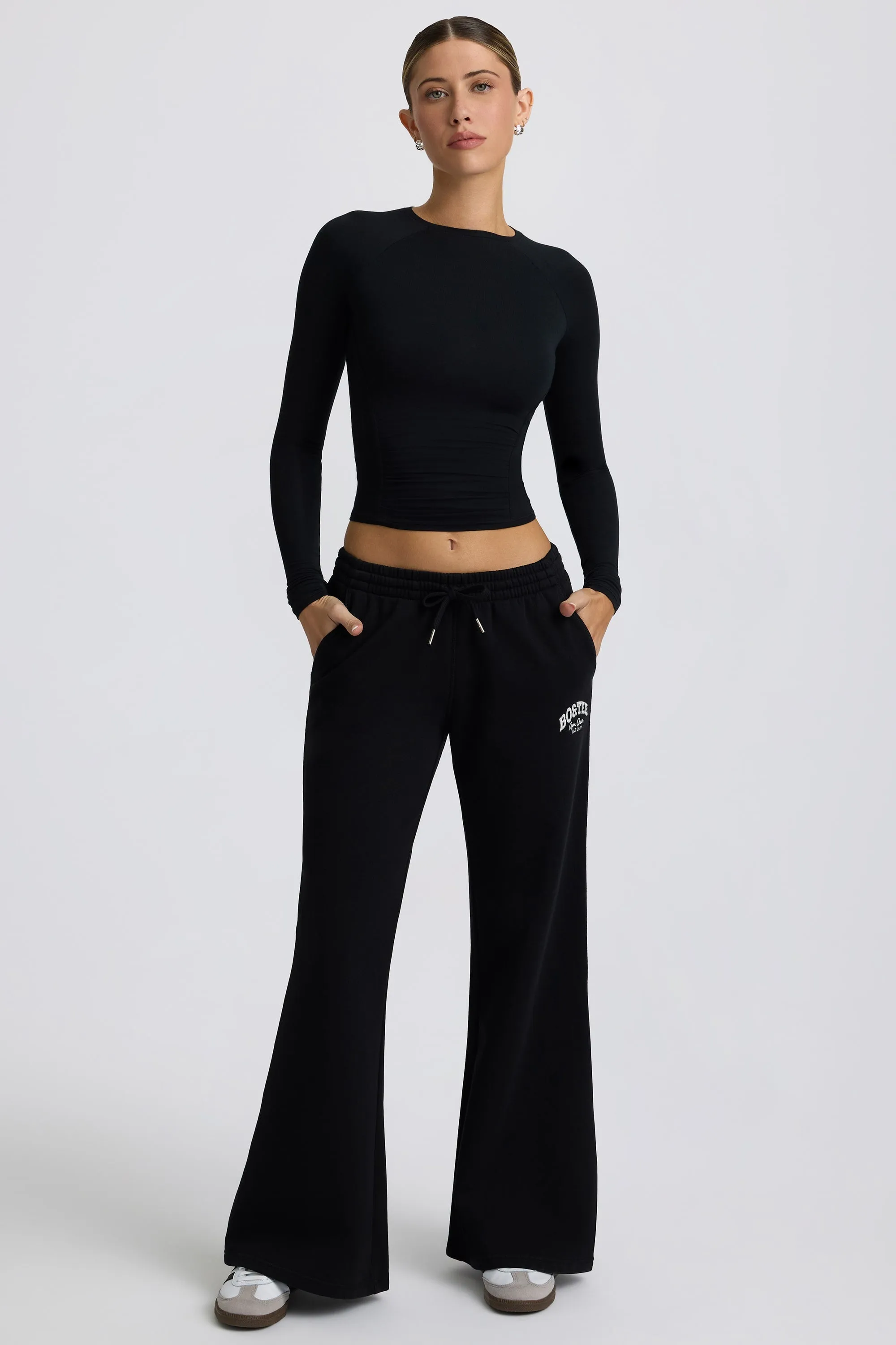 Tall Low-Rise Wide-Leg Joggers in Black sold by Bo + Tee
