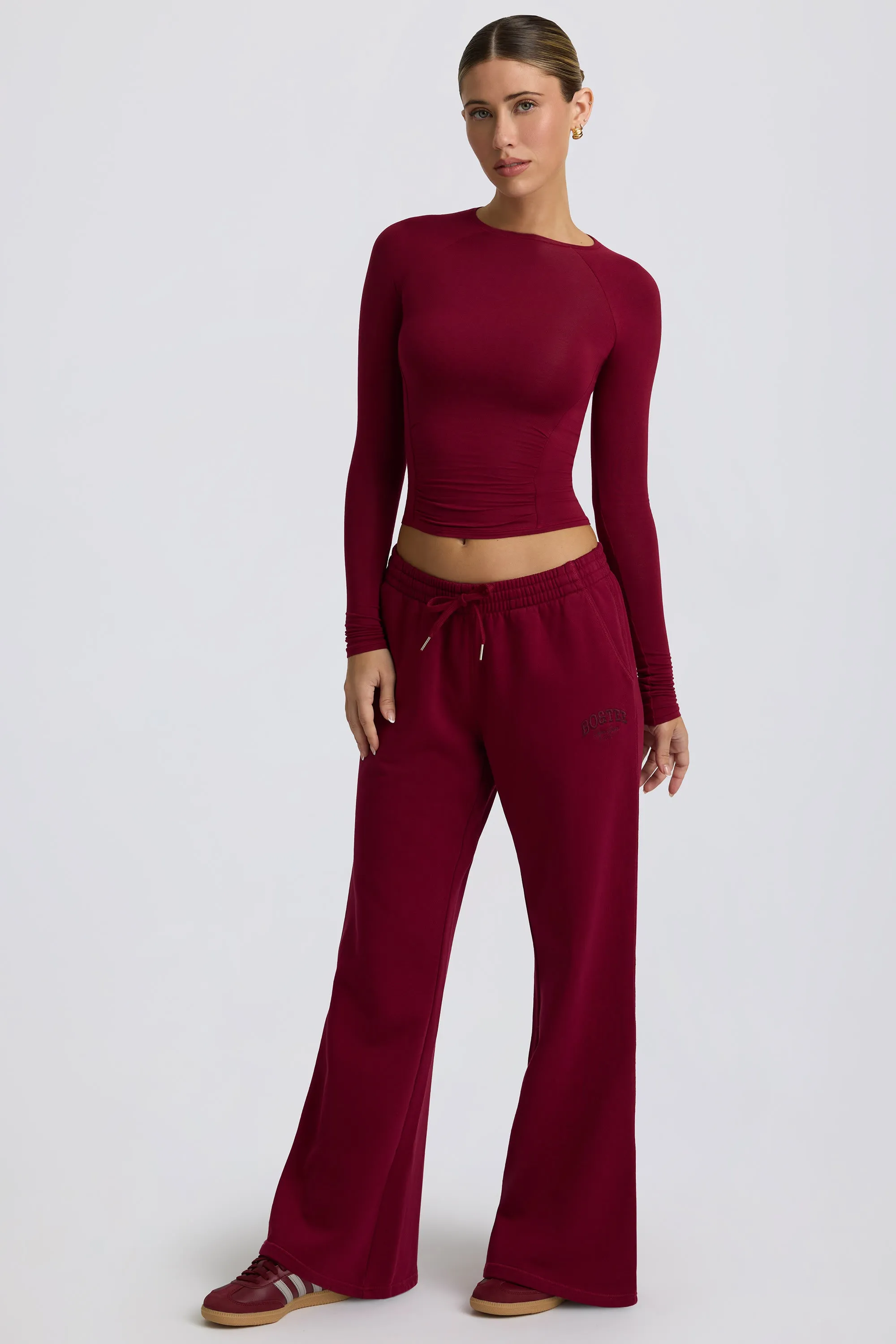 Low-Rise Wide-Leg Joggers in Burgundy sold by Bo + Tee