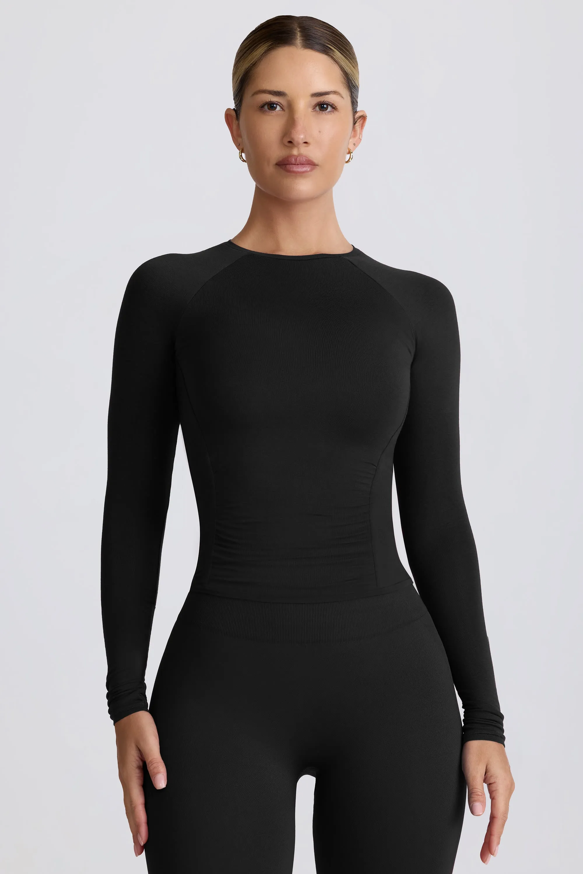 Modal Ruched Long-Sleeve Top in Black sold by Bo + Tee