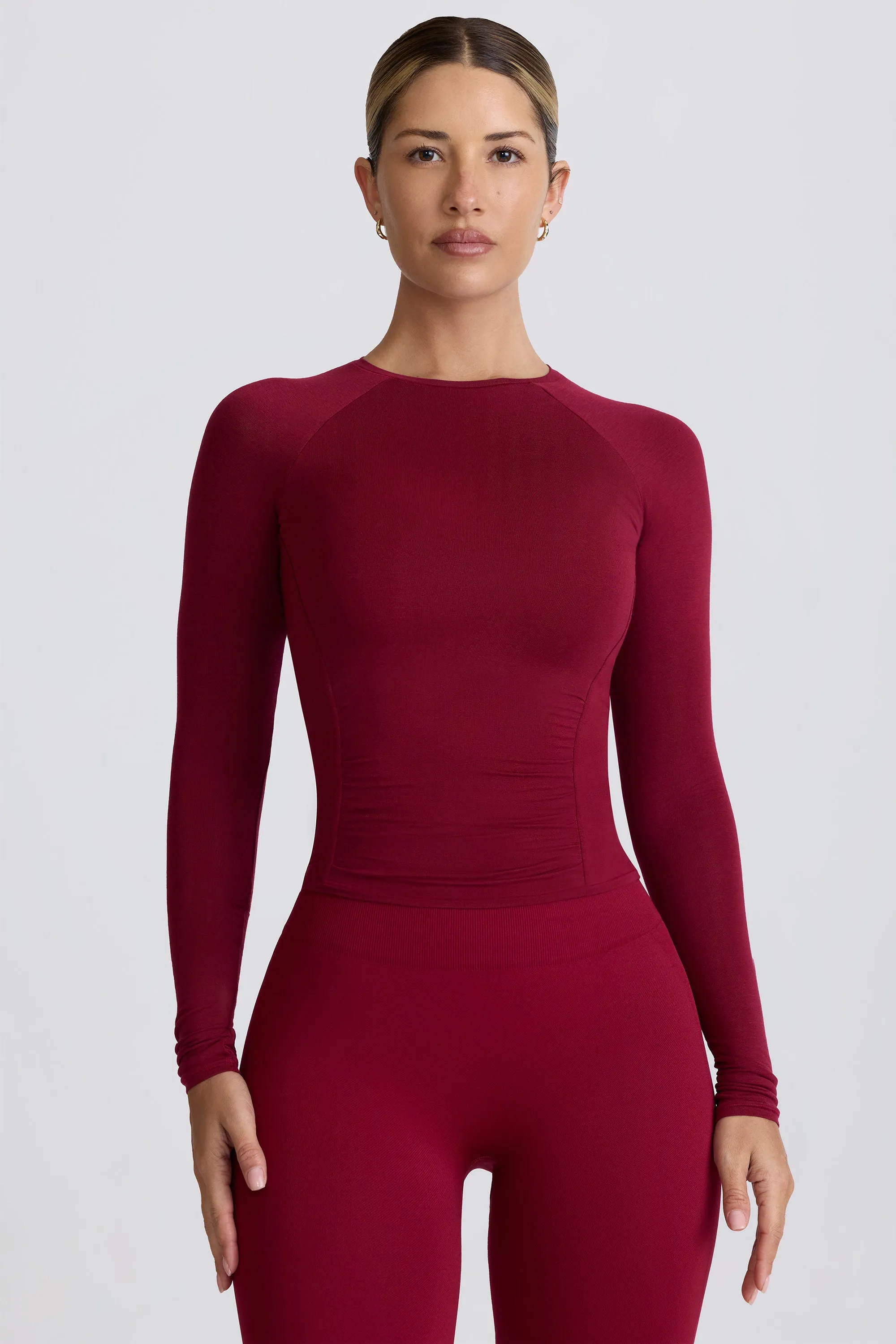 Modal Ruched Long-Sleeve Top in Burgundy sold by Bo + Tee