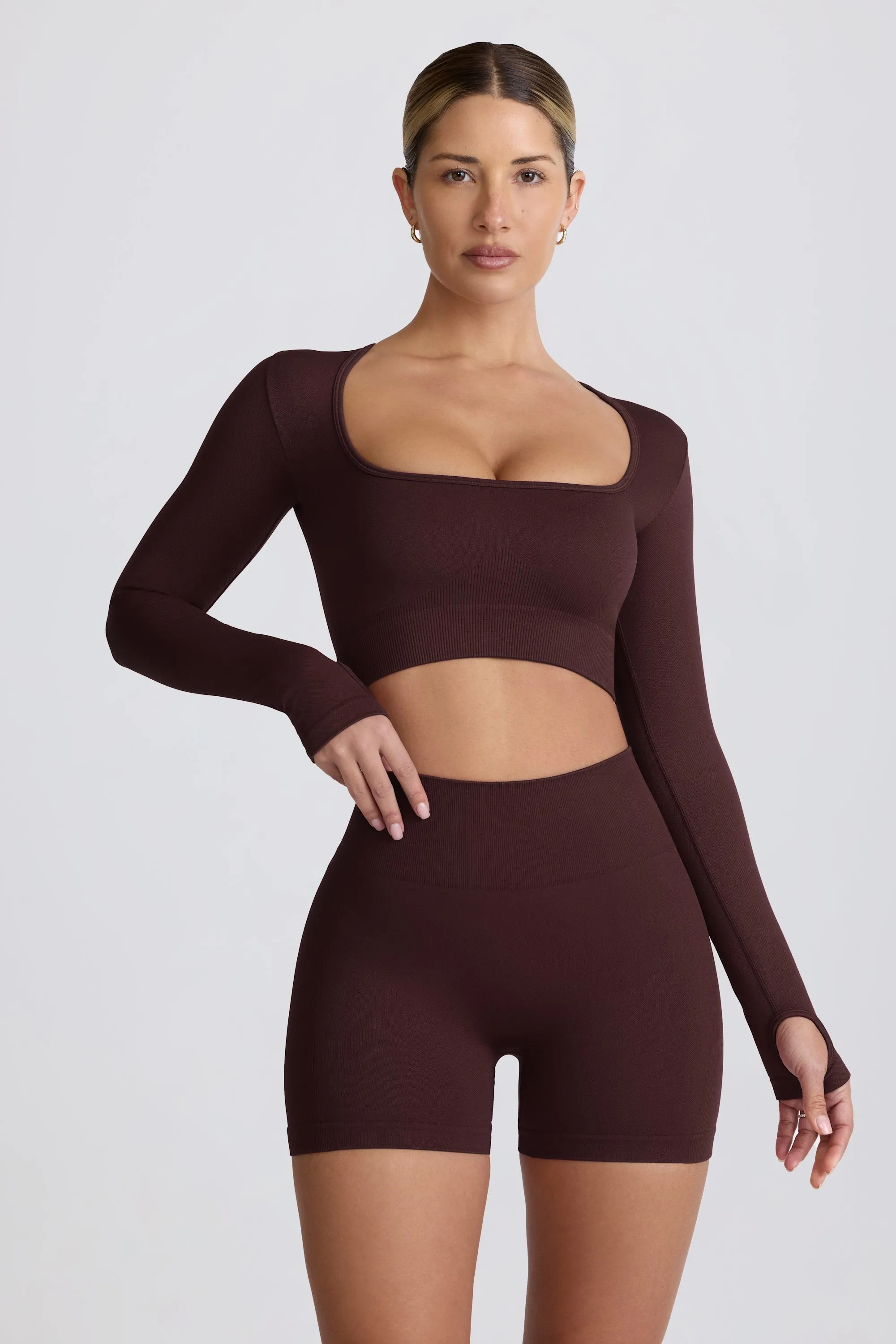 Super Sculpt Seamless Long-Sleeve Crop Top in Chocolate sold by Bo + Tee