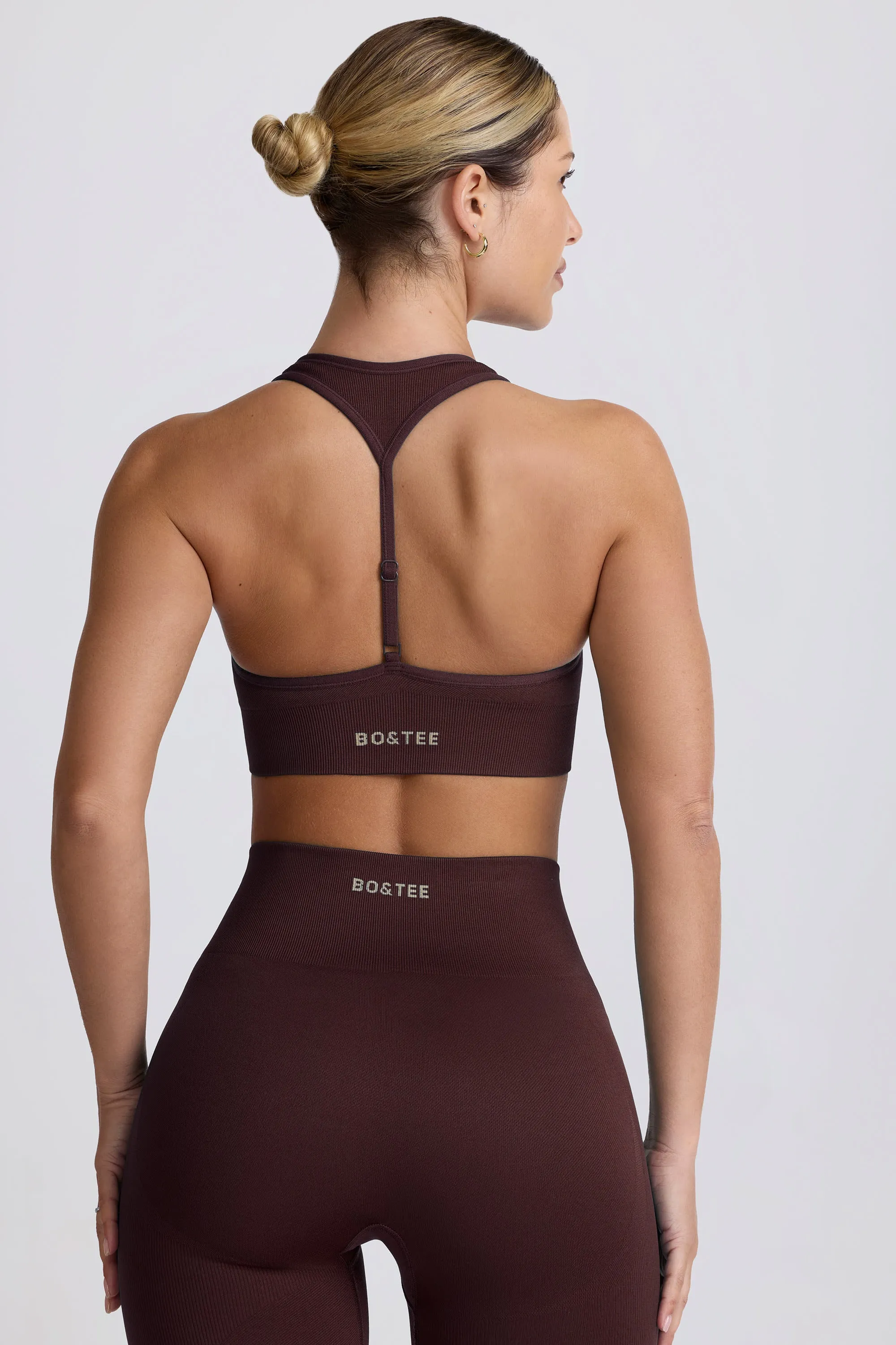 Super Sculpt Seamless T-Back Sports Bra in Chocolate sold by Bo + Tee