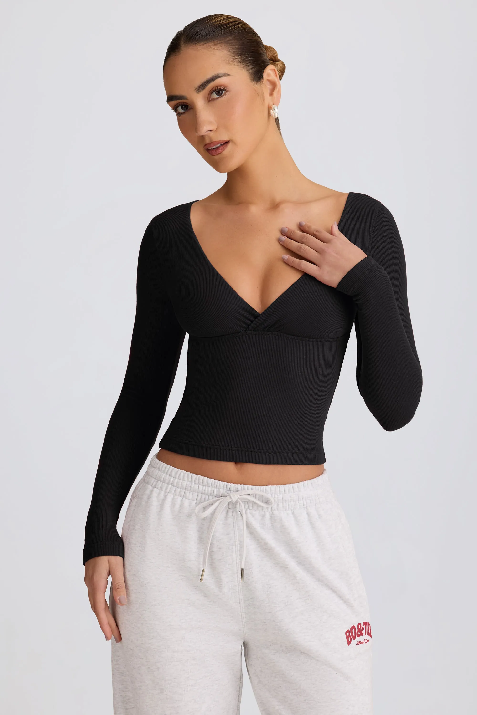 Ribbed Modal Ruched V-Neck Top in Black sold by Bo + Tee product image thumbnail 5