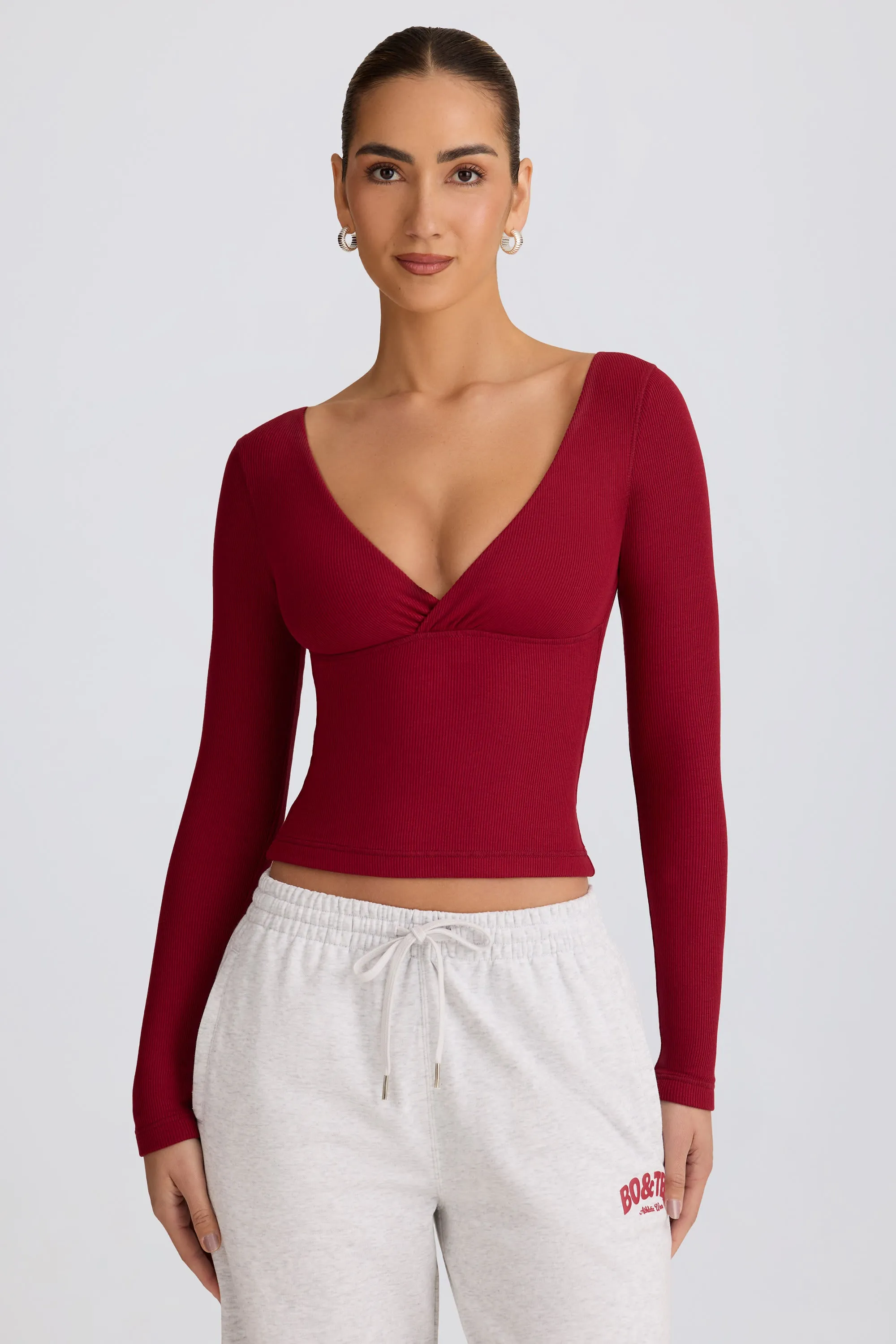 Ribbed Modal Ruched V-Neck Top in Burgundy sold by Bo + Tee product image thumbnail 5