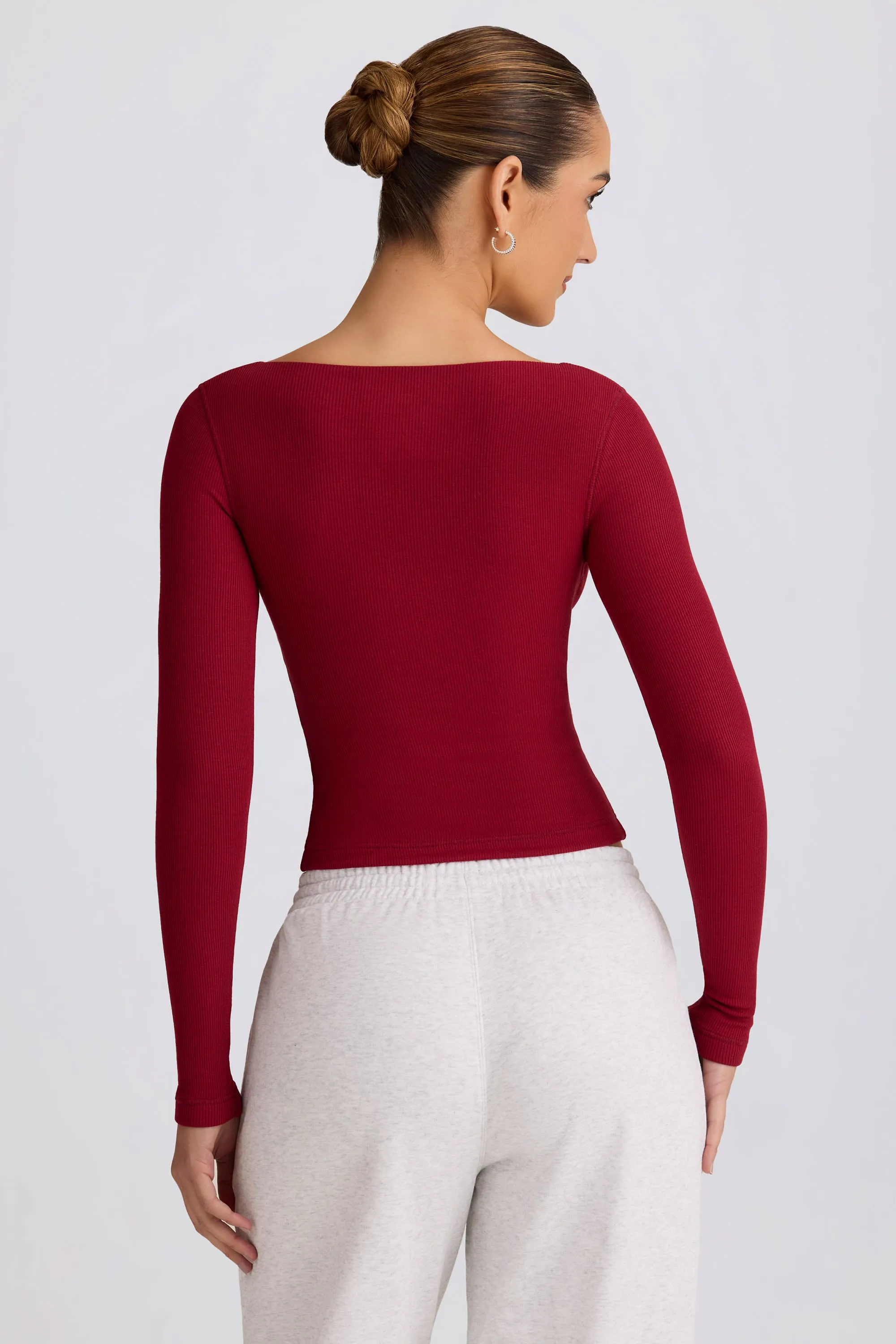Ribbed Modal Ruched V-Neck Top in Burgundy sold by Bo + Tee product image thumbnail 2