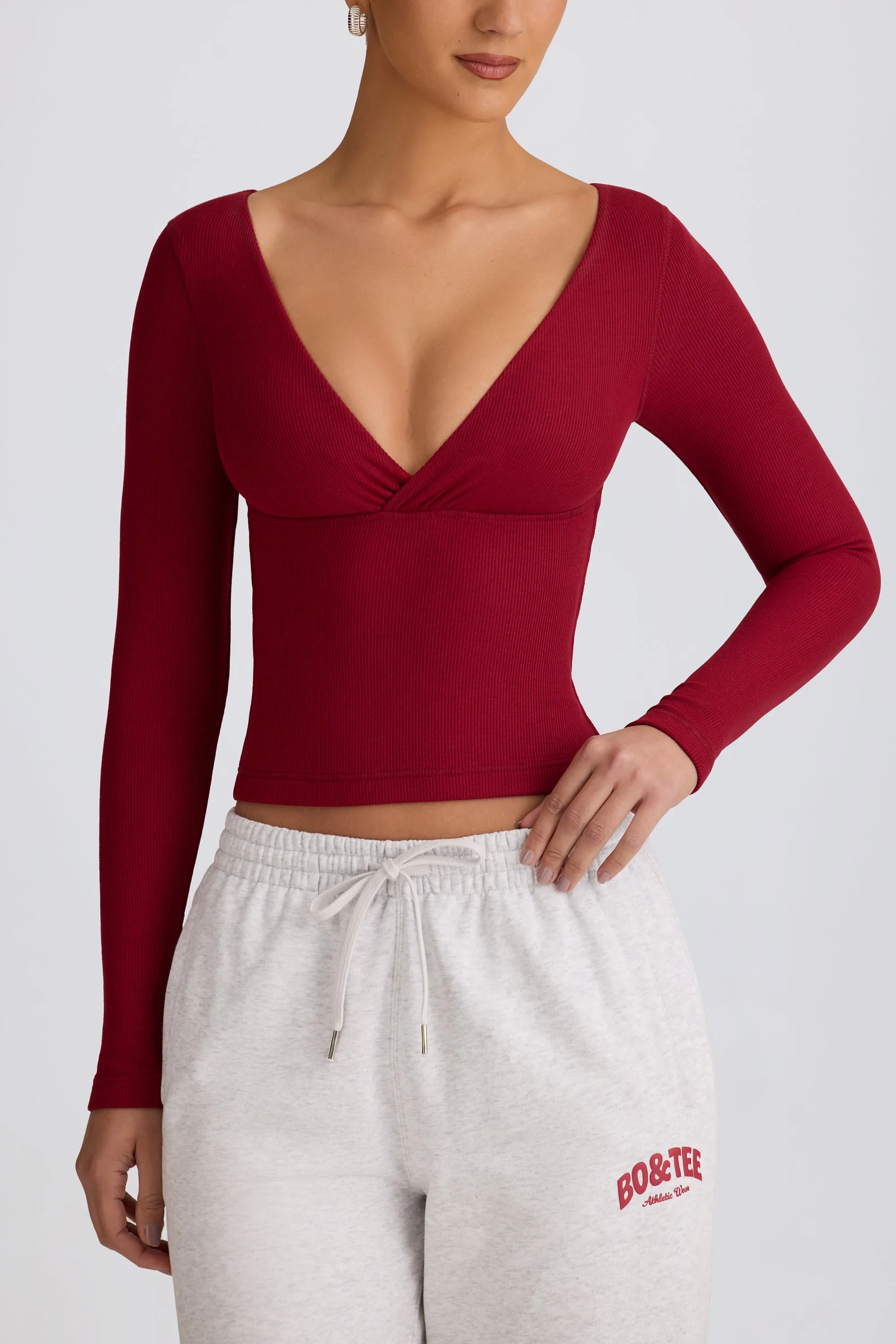 Ribbed Modal Ruched V-Neck Top in Burgundy sold by Bo + Tee product image thumbnail 4