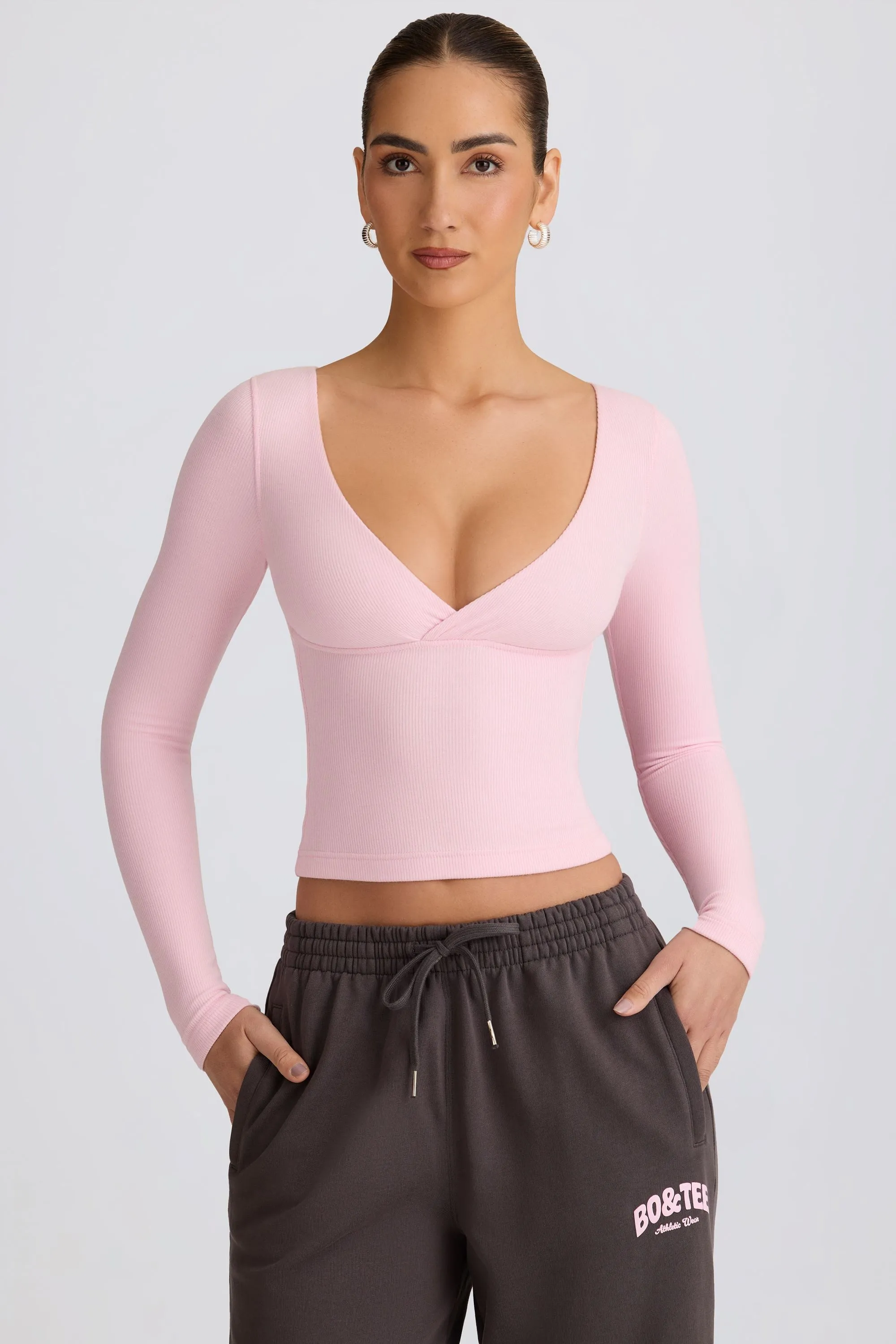 Ribbed Modal Ruched V-Neck Top in Soft Pink sold by Bo + Tee product image thumbnail 4
