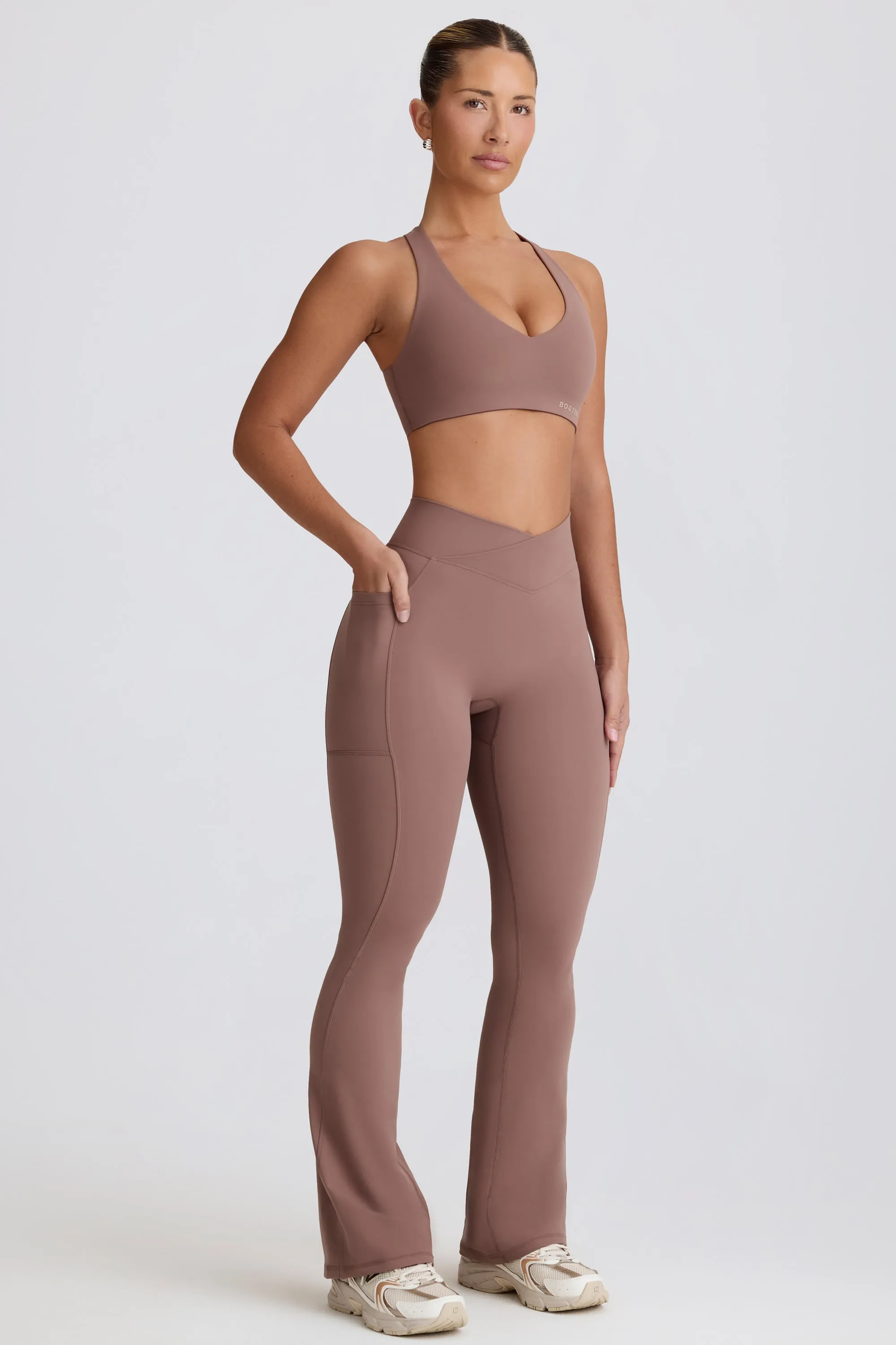 Soft Active V-Waist Pocket Flared Leggings in Mocha sold by Bo + Tee product image thumbnail 4