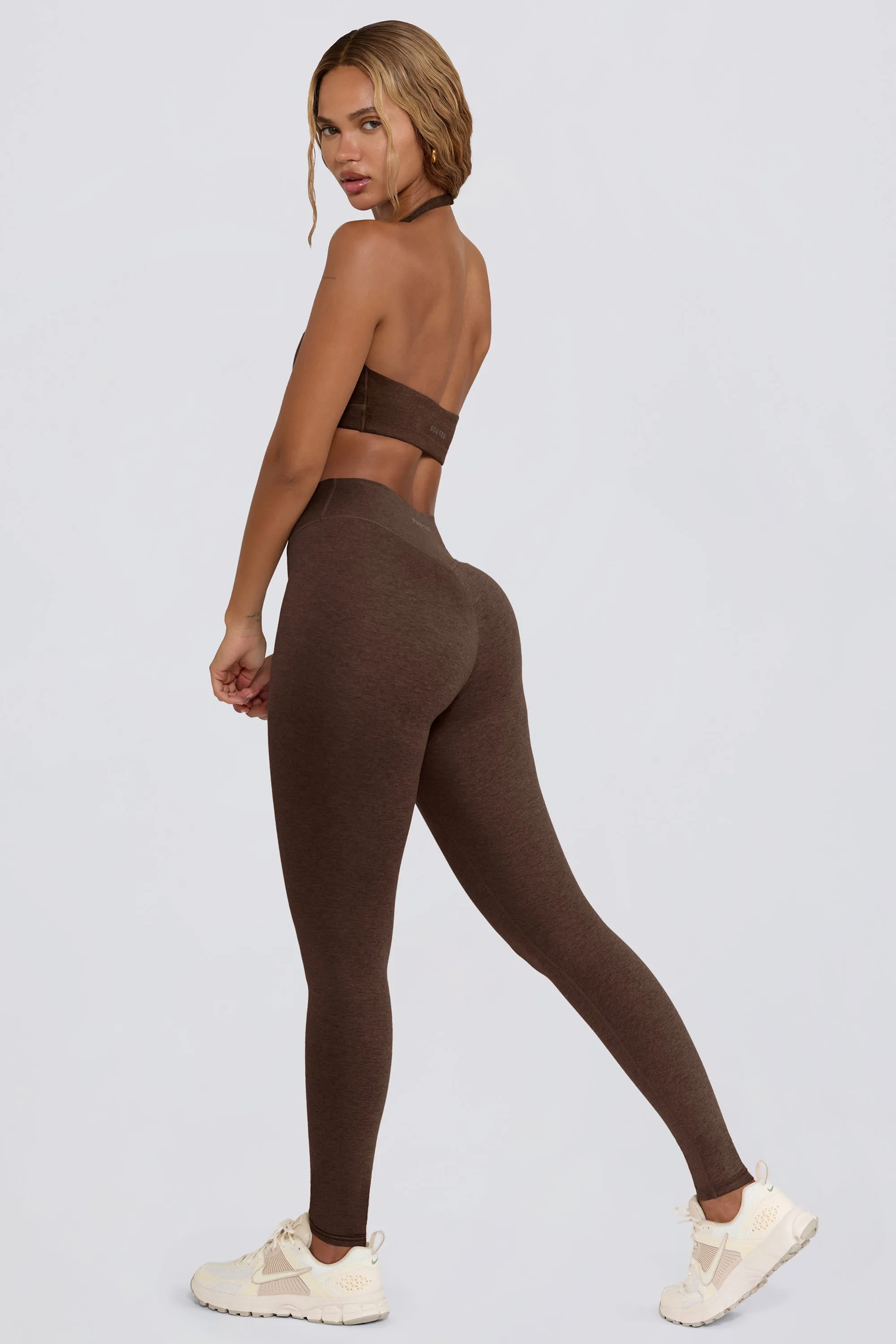 Brushed Jersey Ruched Mid-Rise Leggings in Pecan Marl sold by Bo + Tee