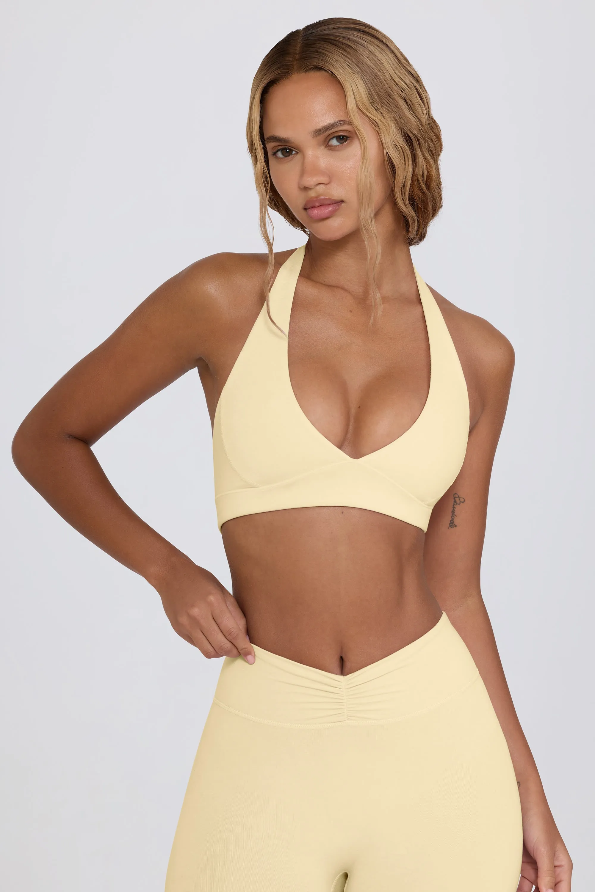 Brushed Jersey V-Neck Sports Bra in Lemon Marl sold by Bo + Tee