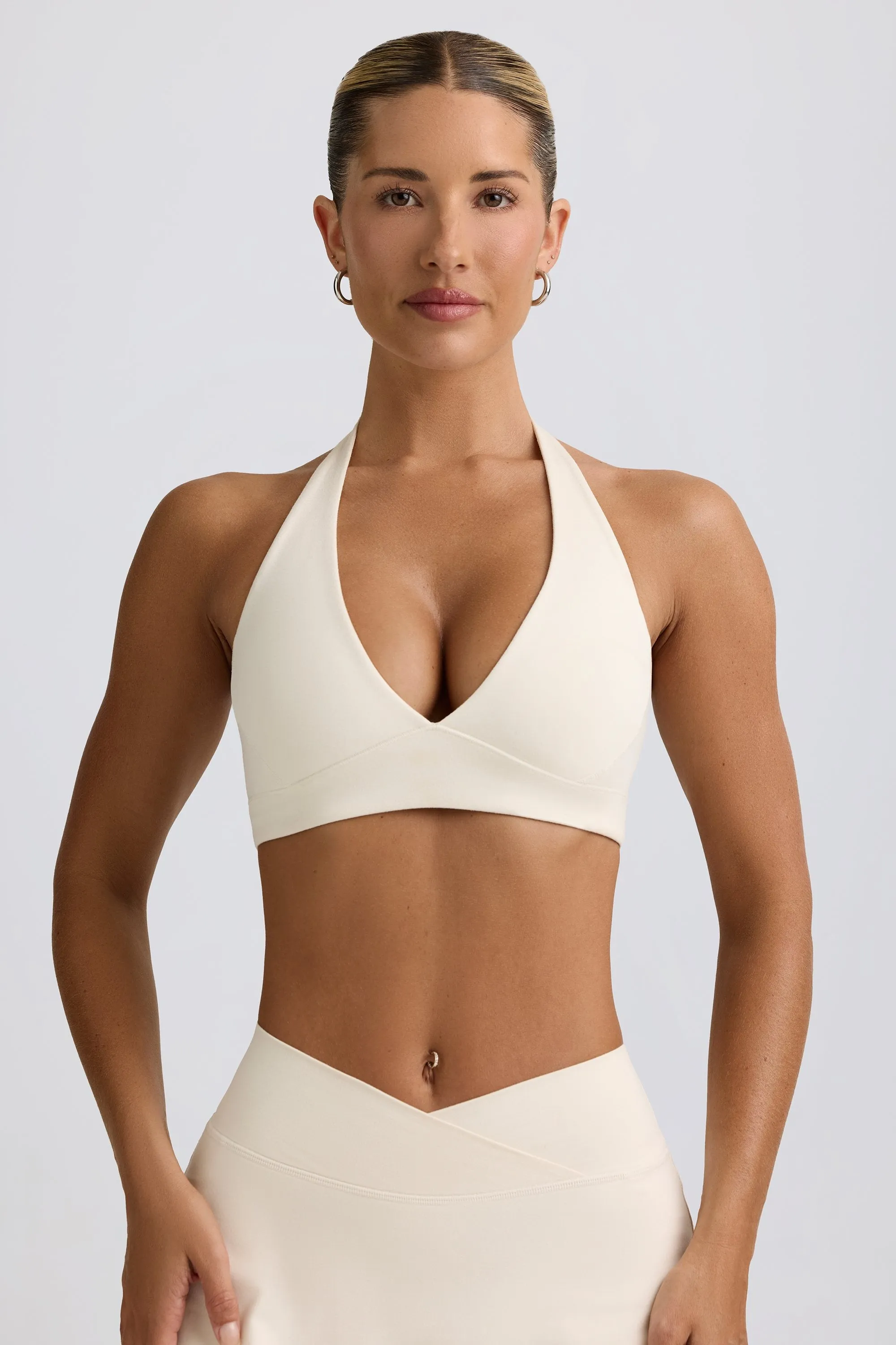 Brushed Jersey V-Neck Sports Bra in Ivory Marl sold by Bo + Tee