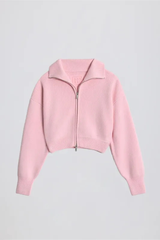 Ribbed-Knit Cropped Zip-Up Sweatshirt in Pale Pink sold by Bo + Tee