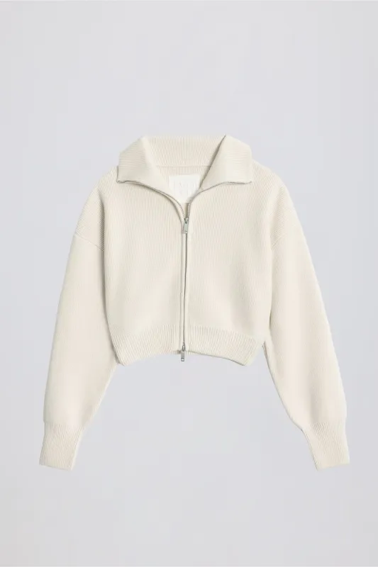 Ribbed-Knit Cropped Zip-Up Sweatshirt in Ivory sold by Bo + Tee