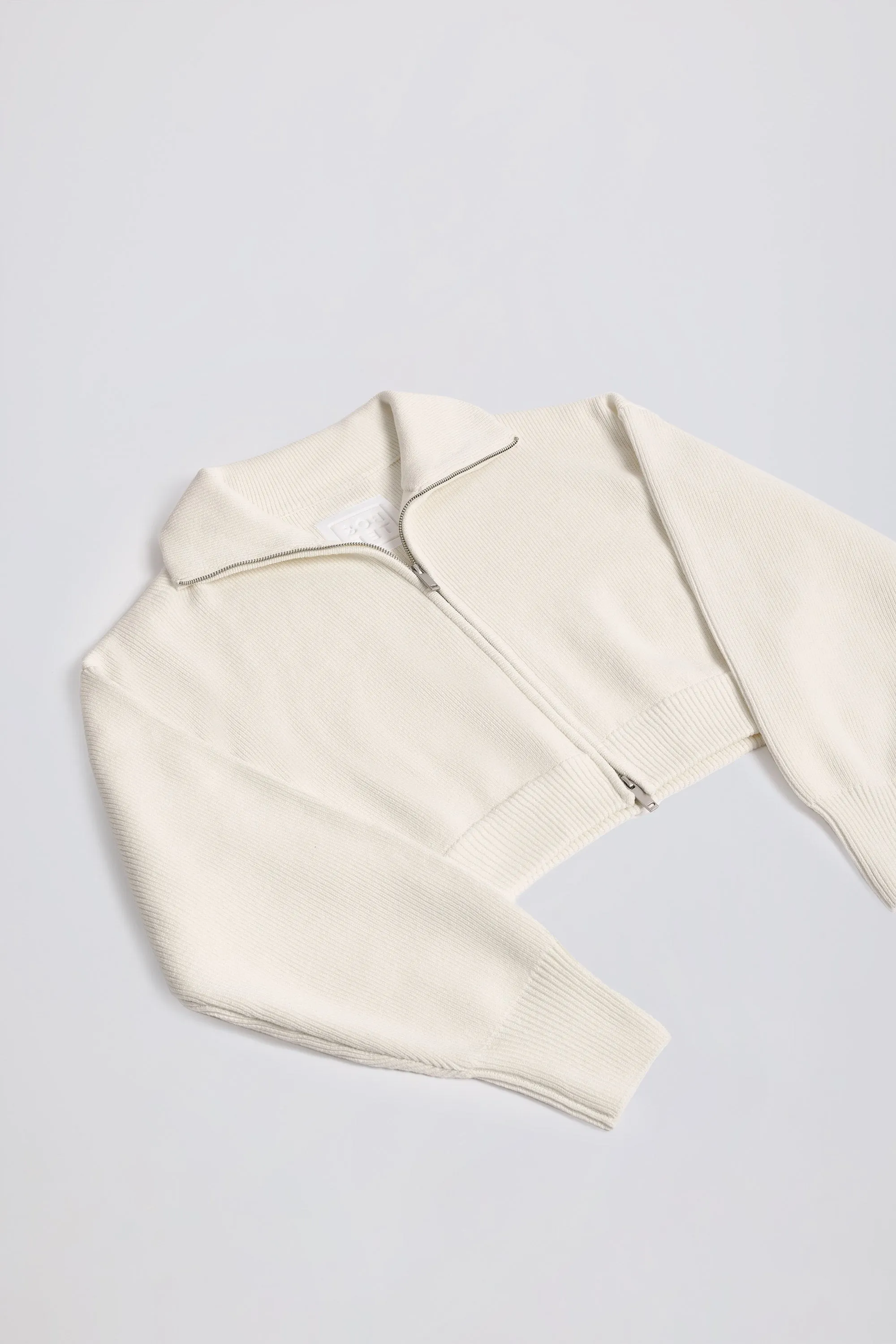 Ribbed Knit Zip-Up Cropped Sweatshirt in Ivory sold by Bo + Tee product image thumbnail 4