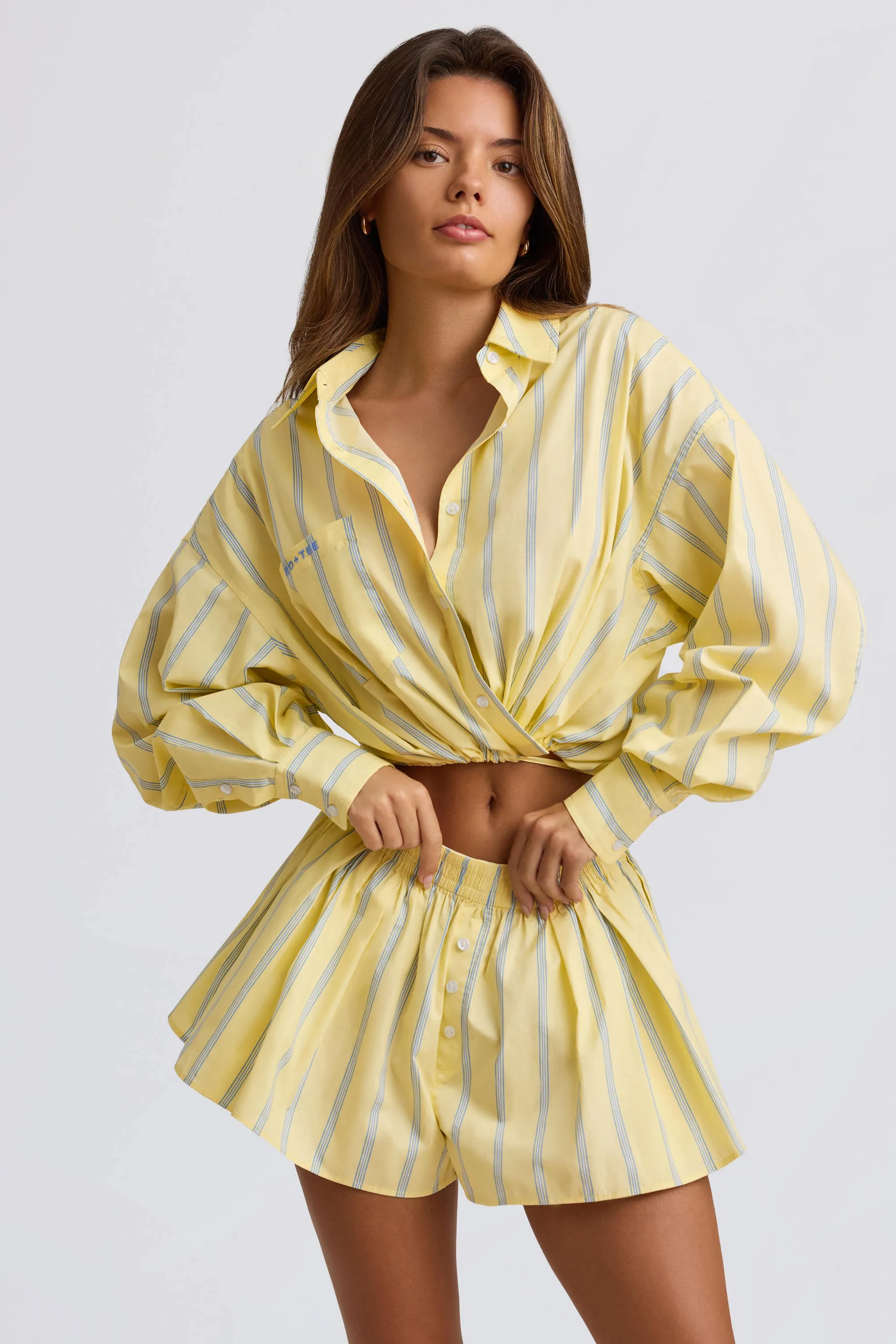 Cotton Poplin Stripe Pleated Shorts in Yellow Stripe sold by Bo + Tee product image thumbnail 4
