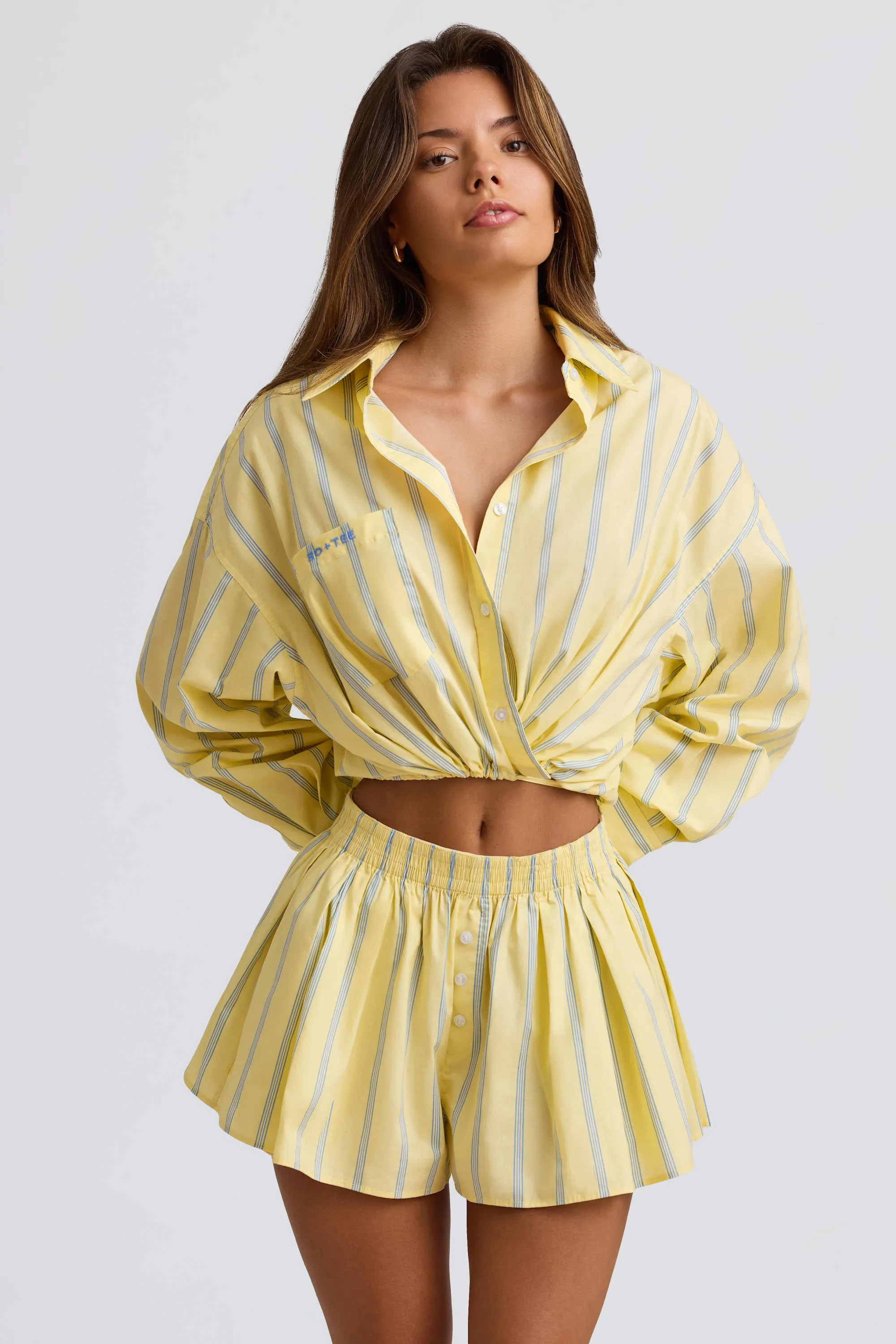 Cotton Poplin Stripe Pleated Shorts in Yellow Stripe sold by Bo + Tee product image thumbnail 5