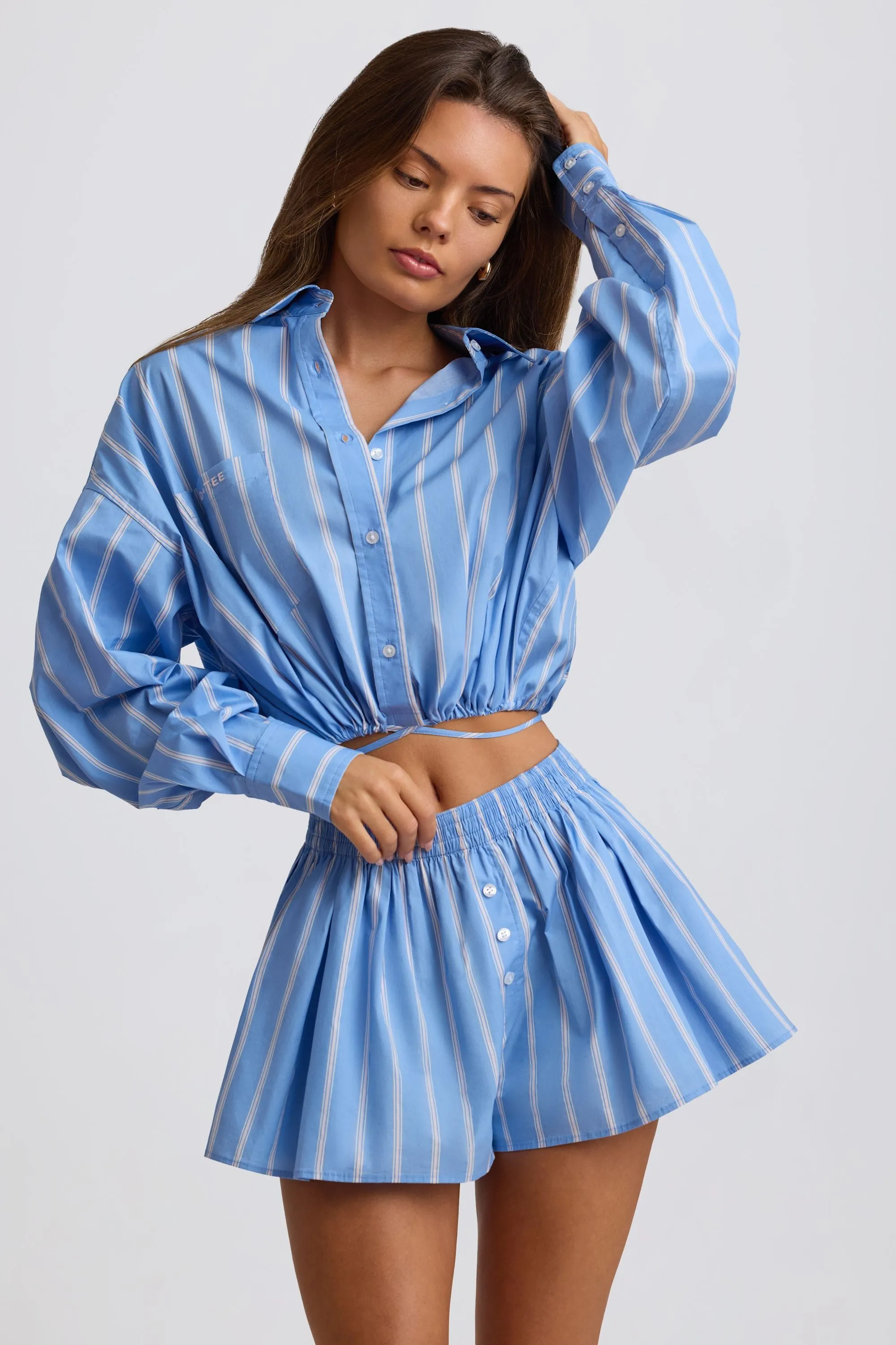 Cotton Poplin Stripe Pleated Shorts in Blue Stripe sold by Bo + Tee product image thumbnail 4