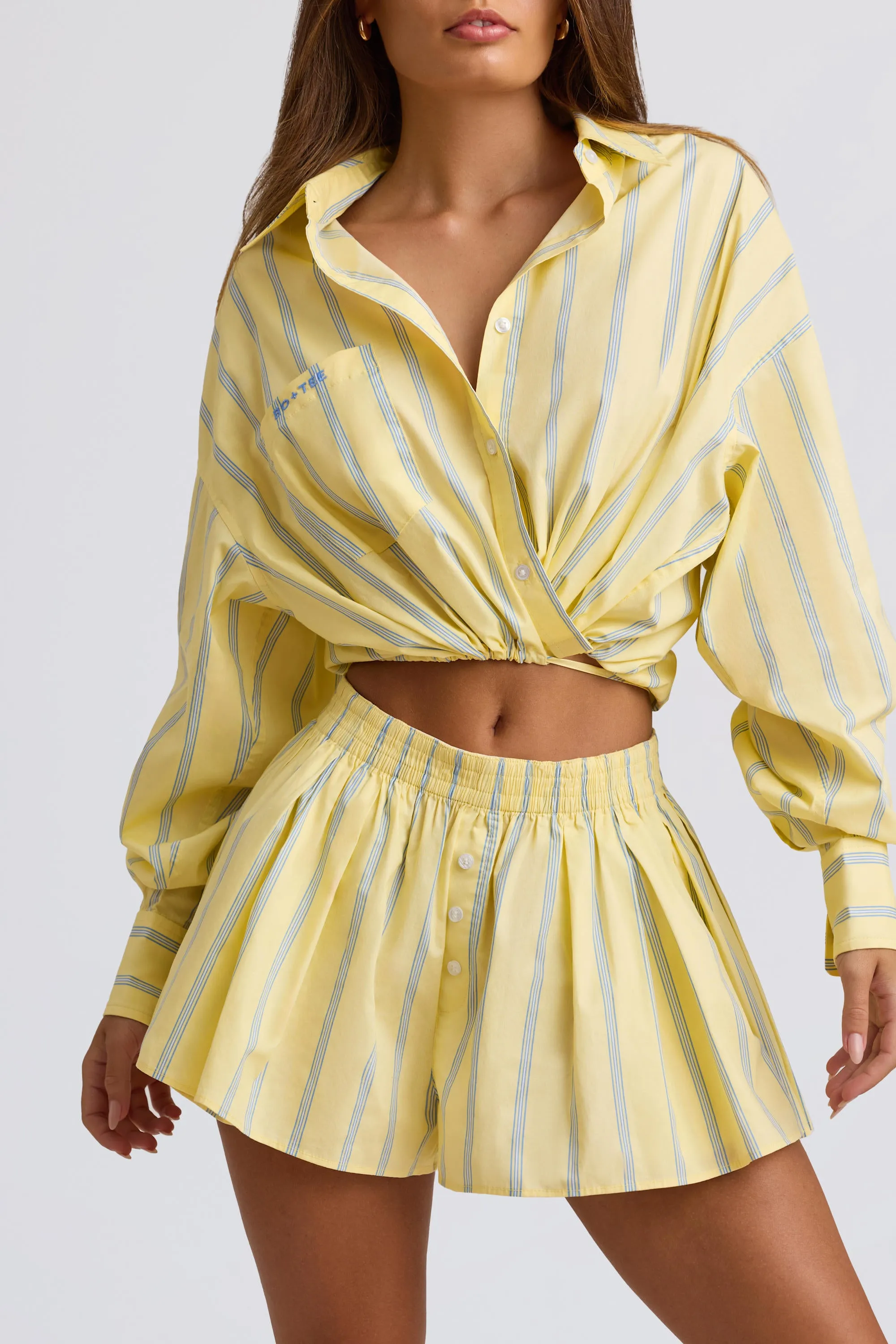 Cotton Poplin Stripe Multiway Cropped Shirt in Yellow Stripe sold by Bo + Tee product image thumbnail 4